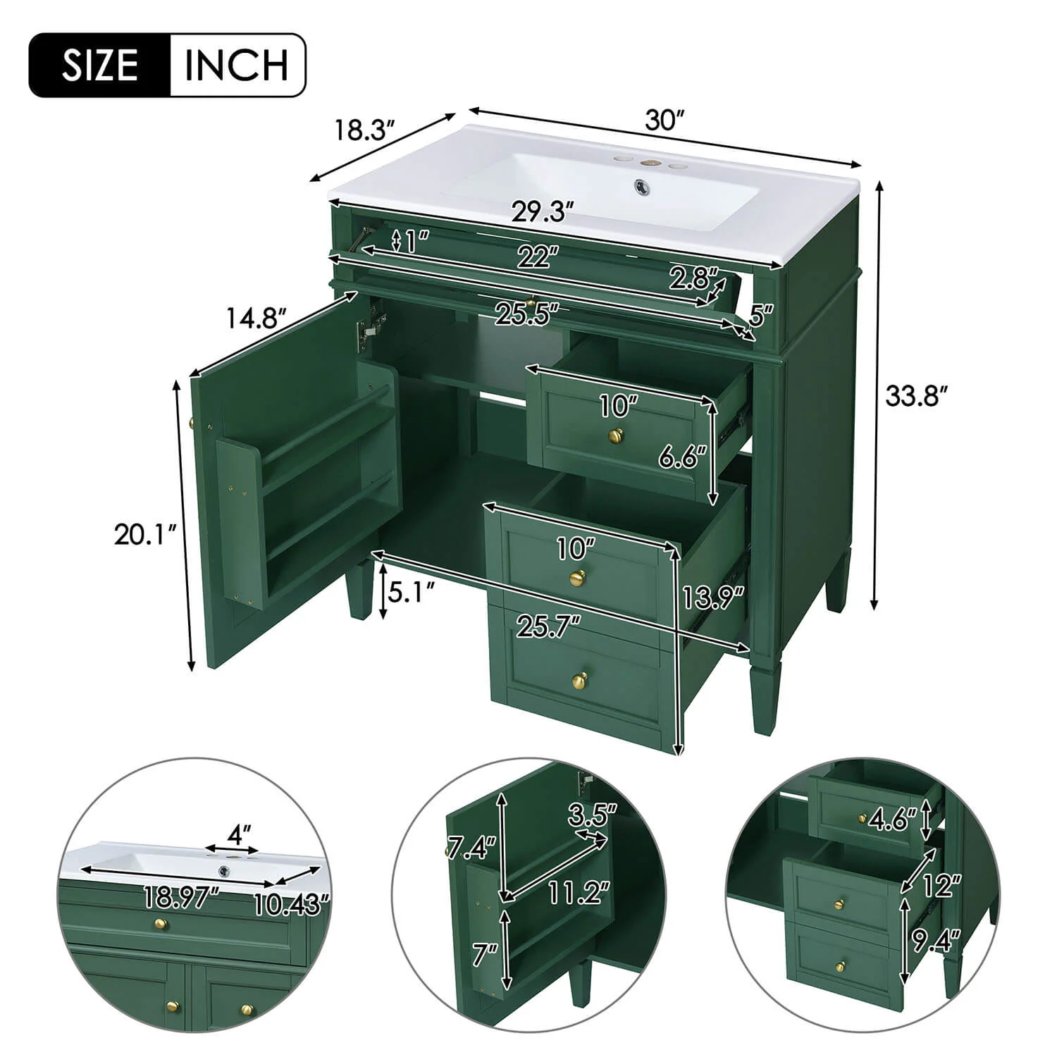 30" Deep Green Freestanding Bathroom Vanity with Flip-Out Tray - Image 6