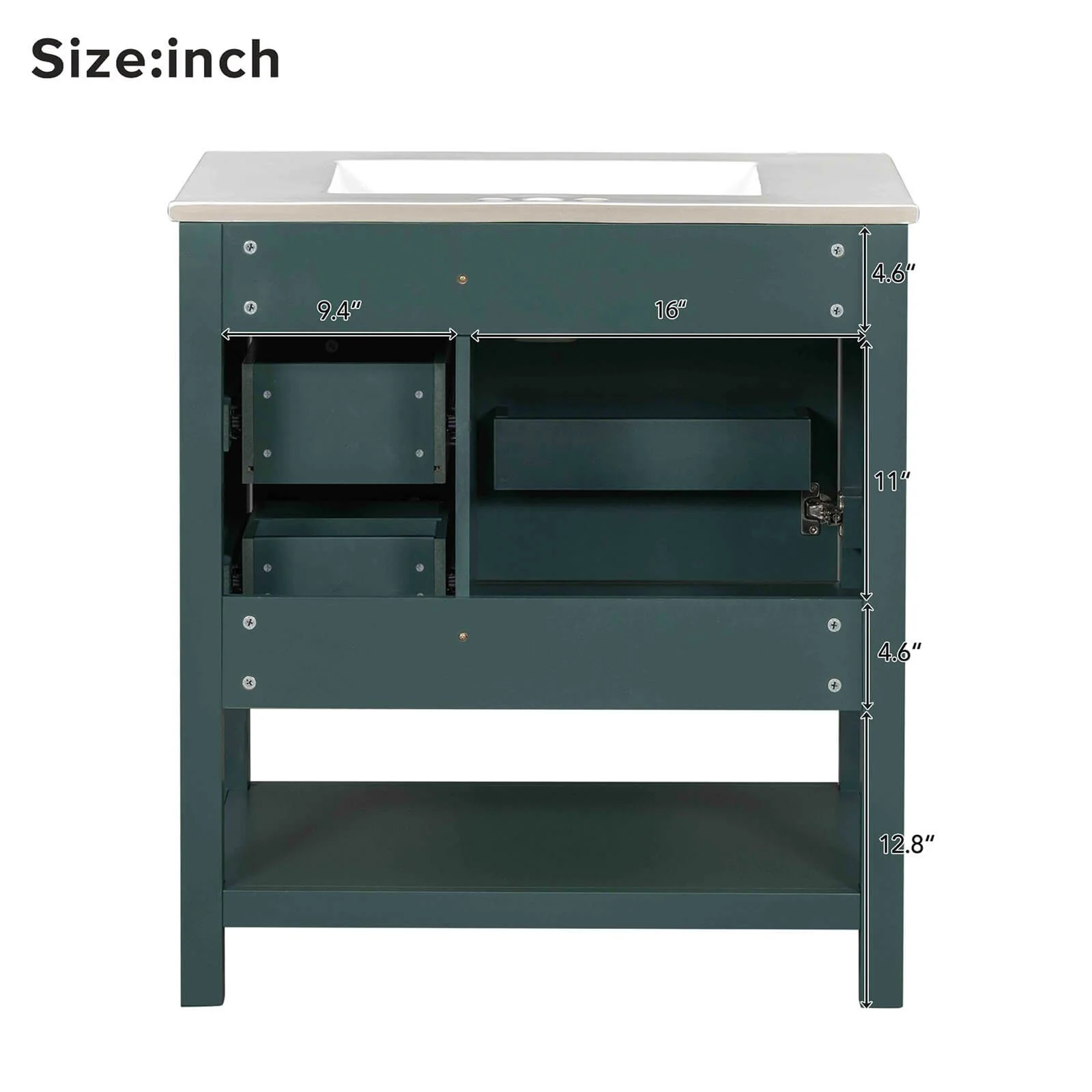 30" Deep Green Freestanding Bathroom Vanity with Open Shelves - Image 10