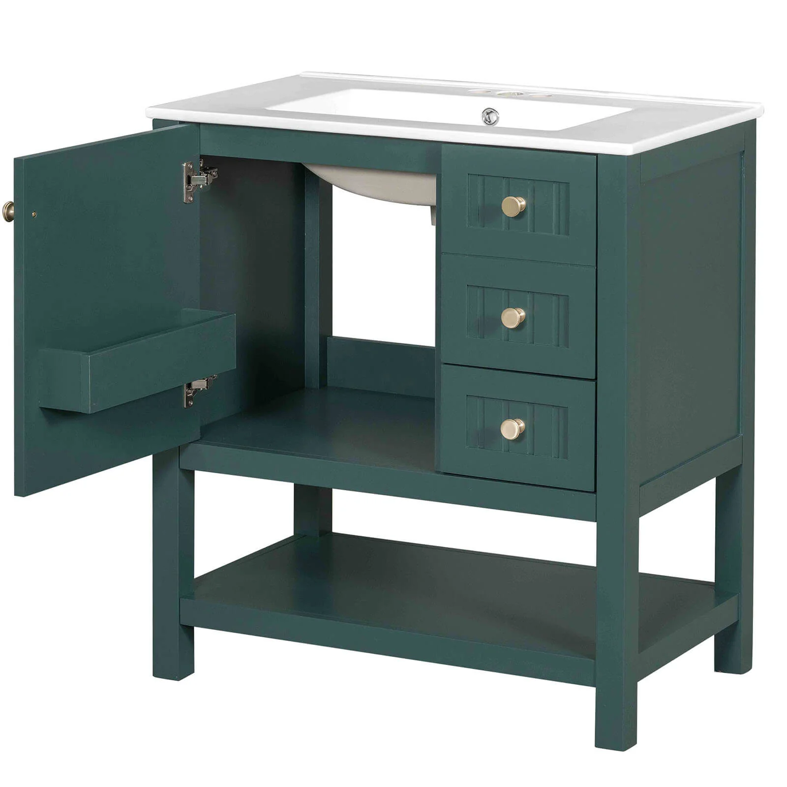 30" Deep Green Freestanding Bathroom Vanity with Open Shelves - Image 15