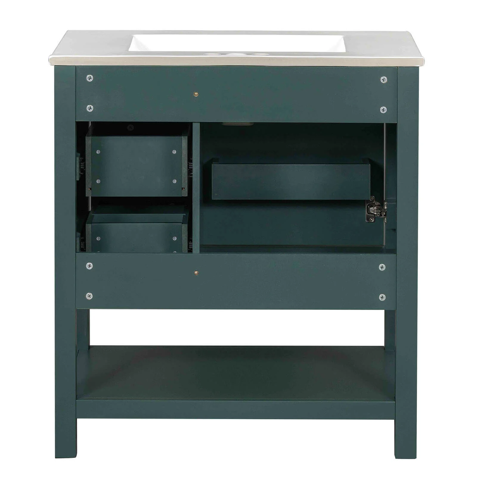 30" Deep Green Freestanding Bathroom Vanity with Open Shelves - Image 17
