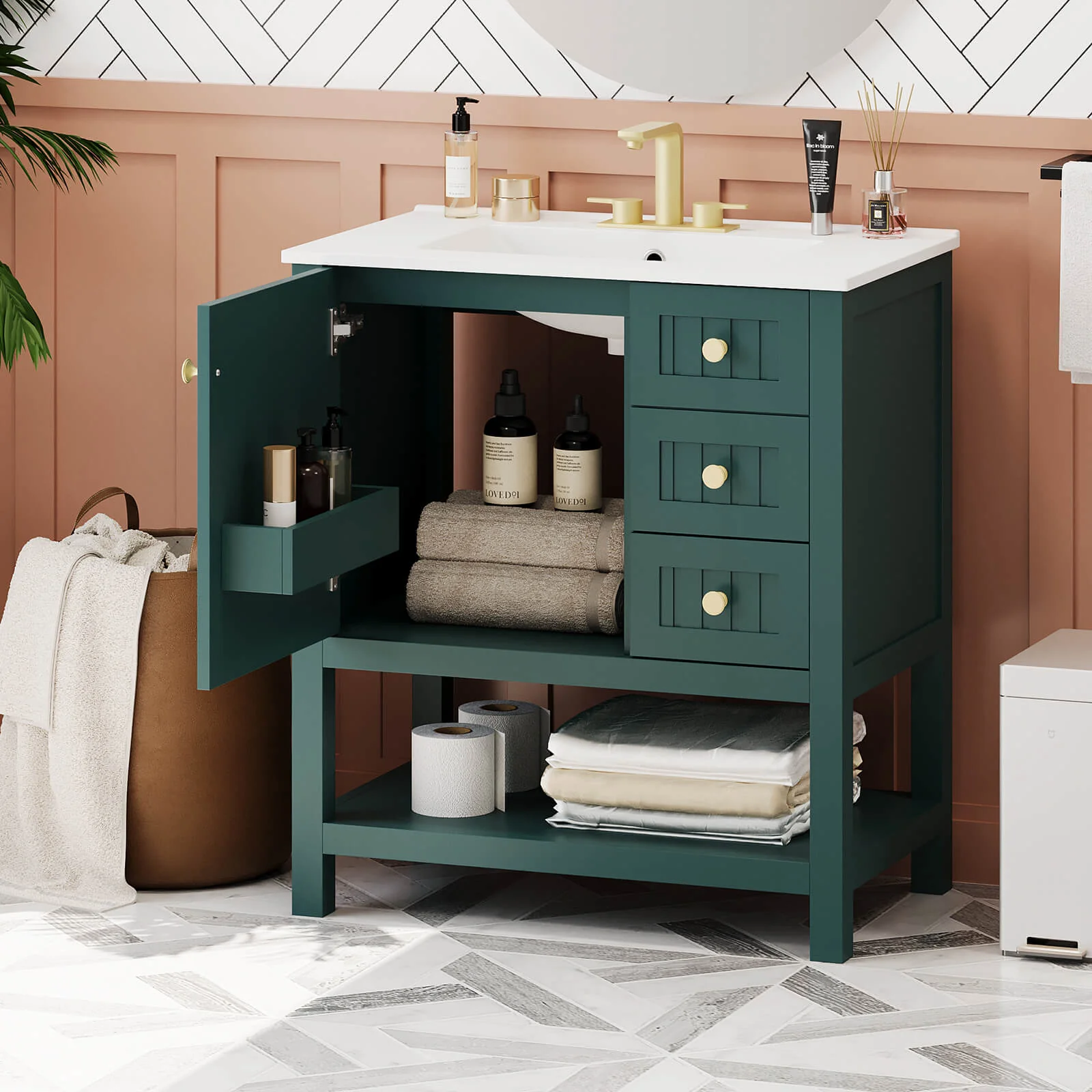 30" Deep Green Freestanding Bathroom Vanity with Open Shelves - Image 2