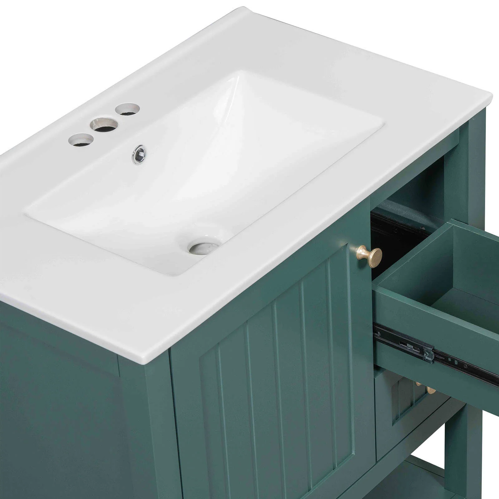 30" Deep Green Freestanding Bathroom Vanity with Open Shelves - Image 20