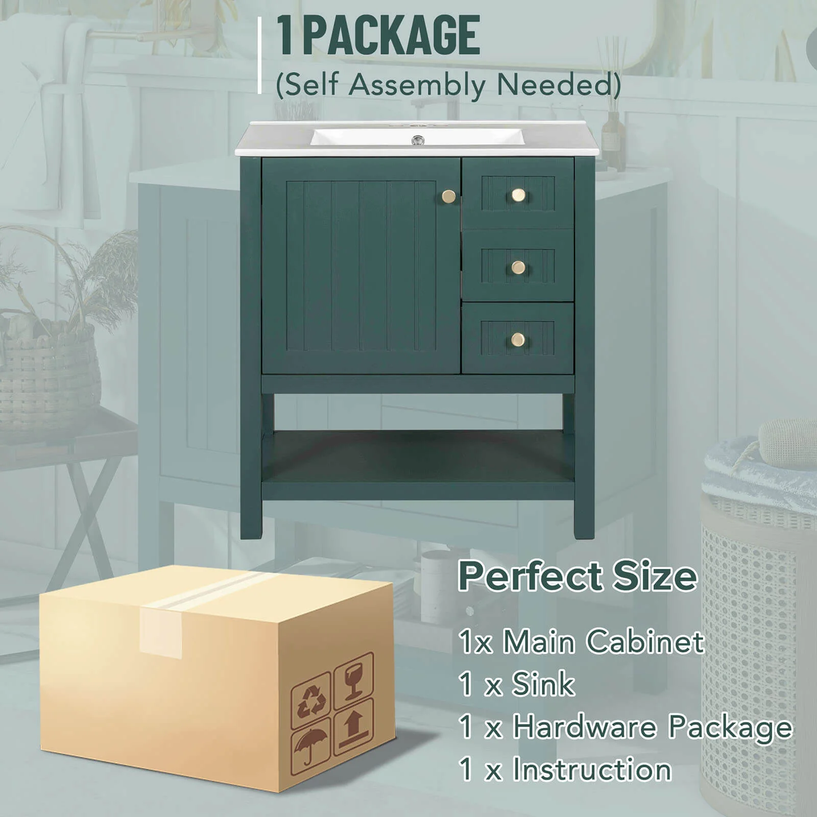 30" Deep Green Freestanding Bathroom Vanity with Open Shelves - Image 5