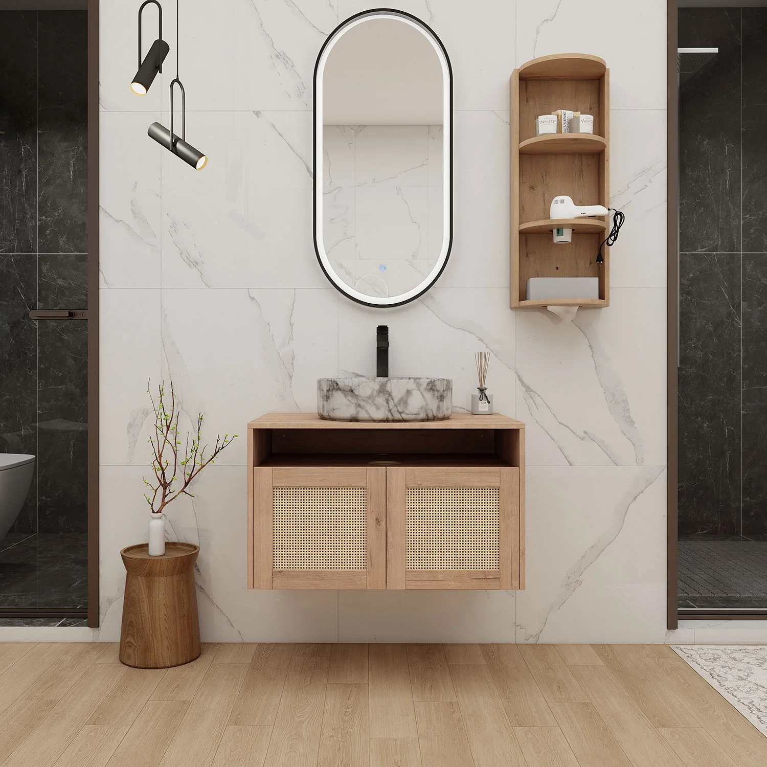 30" Floating Vanity with Marble-Veined Ceramic Sink and 12" Wall Storage Cabinet