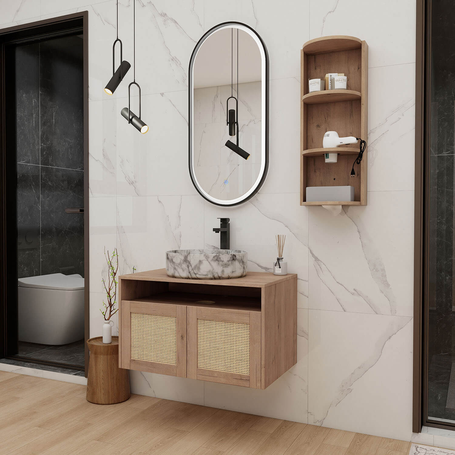 30" Floating Vanity with Marble-Veined Ceramic Sink and 12" Wall Storage Cabinet - Image 2
