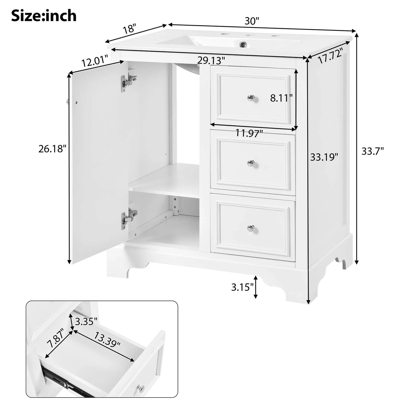 30" Floor Mount Single Sink Bathroom Vanity in White - Image 8