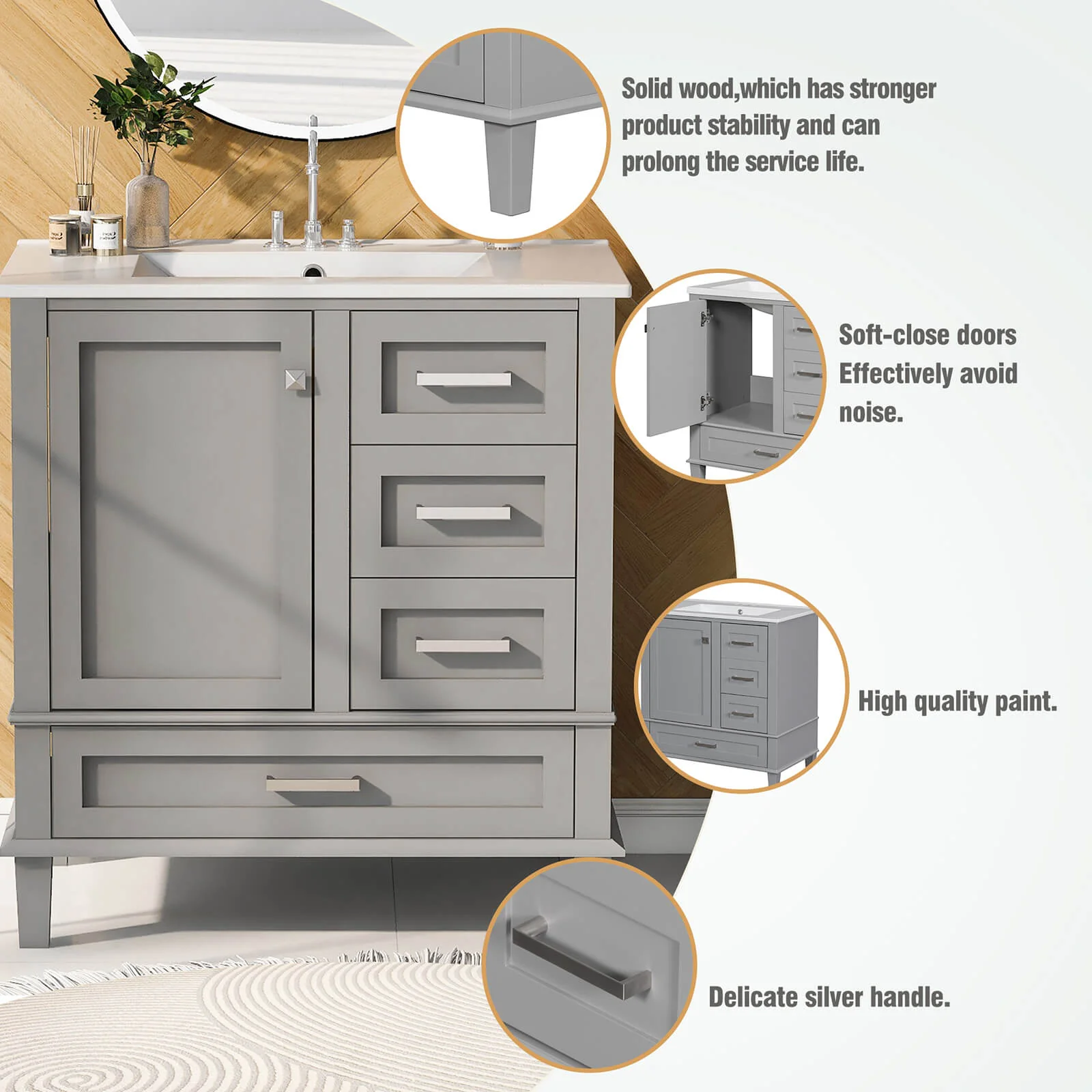 30" Gray Solid Wood Bathroom Vanity with Top - Image 4