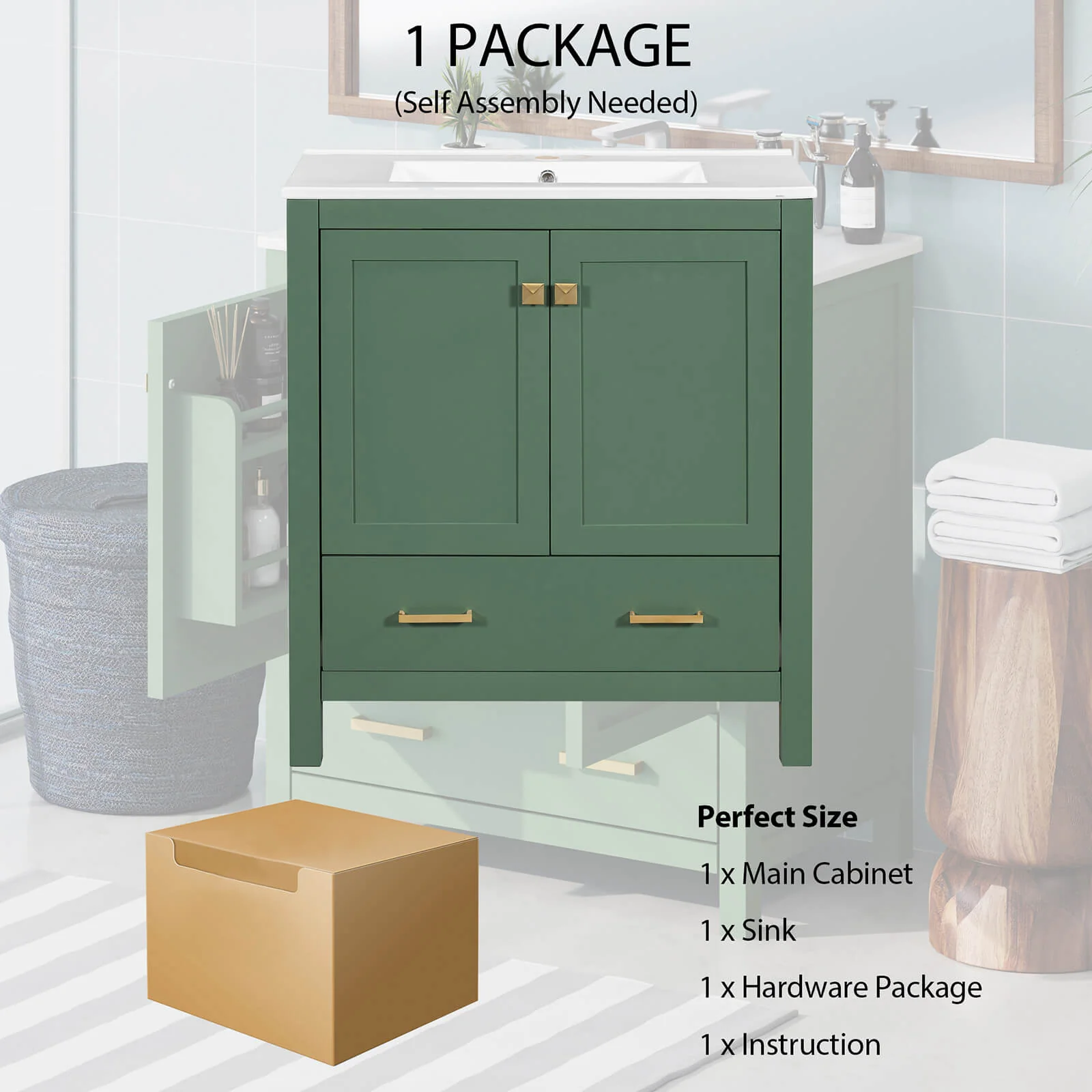 30'' Green Bathroom Vanity with Built-In Shelf - Image 16
