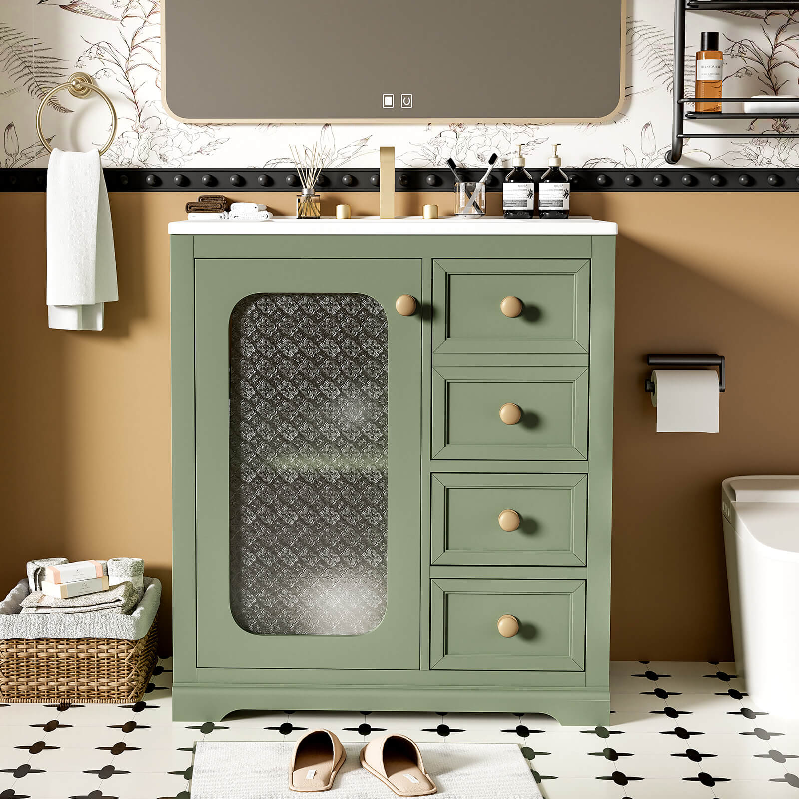 30" Green Bathroom Vanity with Frosted Glass Door