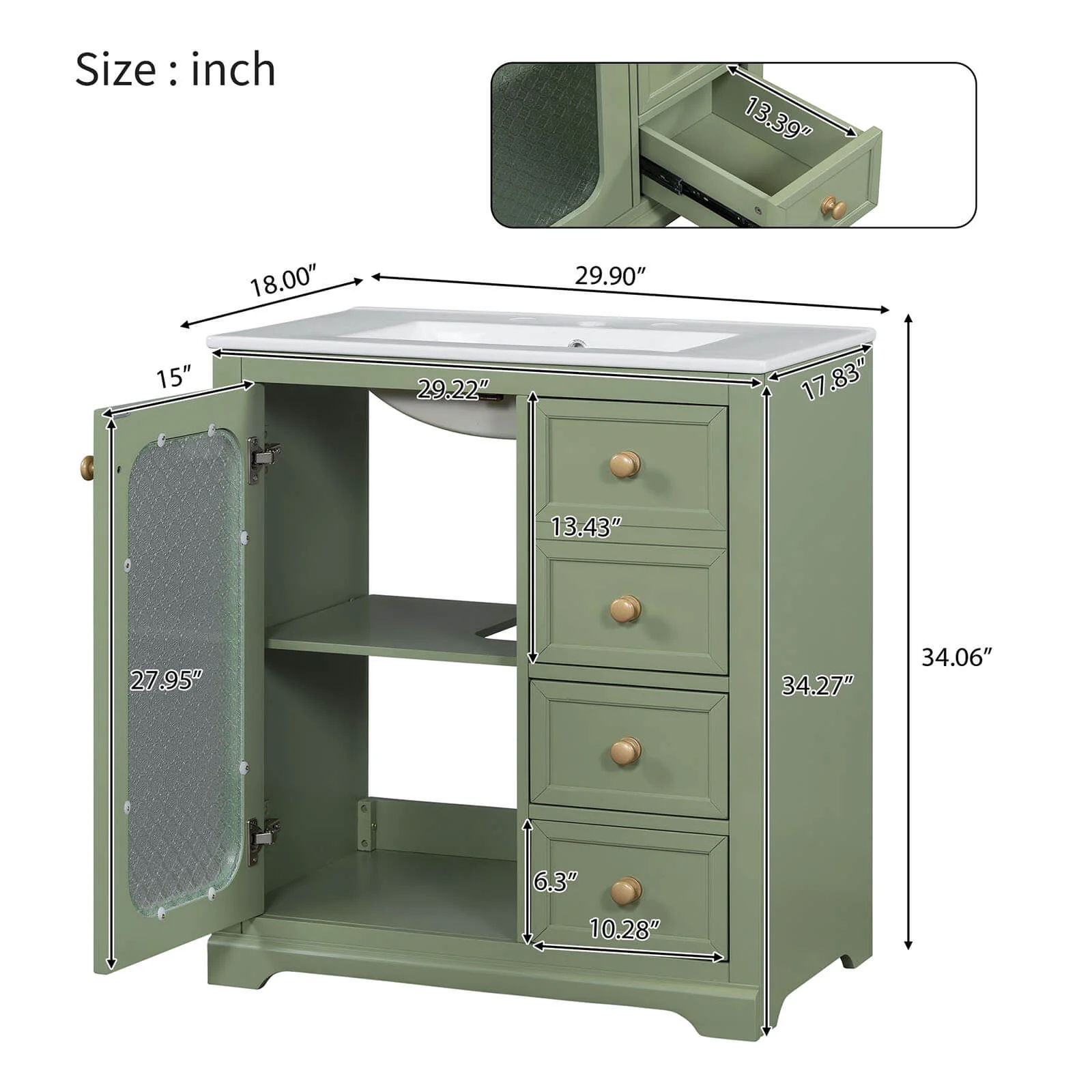 30" Green Bathroom Vanity with Frosted Glass Door - Image 9