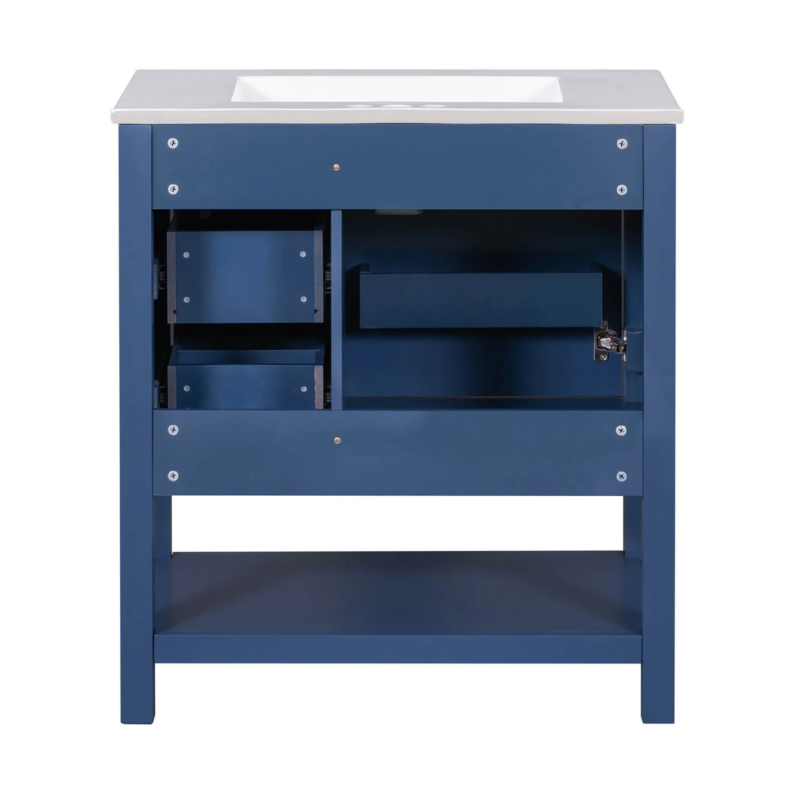 30" Navy Blue Freestanding Bathroom Vanity with Open Shelves - Image 16