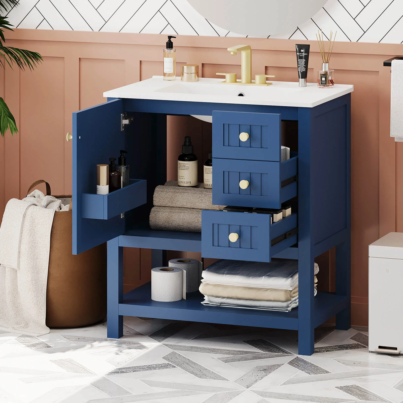 30" Navy Blue Freestanding Bathroom Vanity with Open Shelves - Image 2
