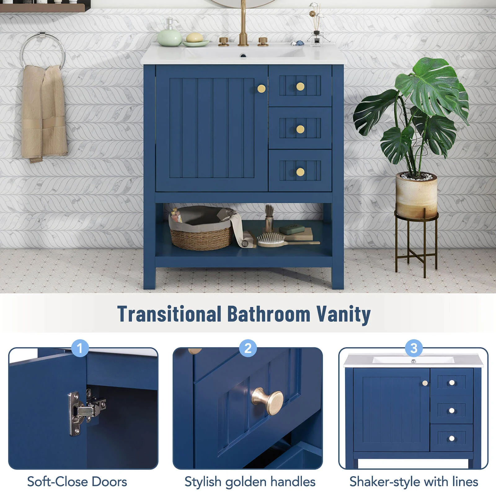30" Navy Blue Freestanding Bathroom Vanity with Open Shelves - Image 4