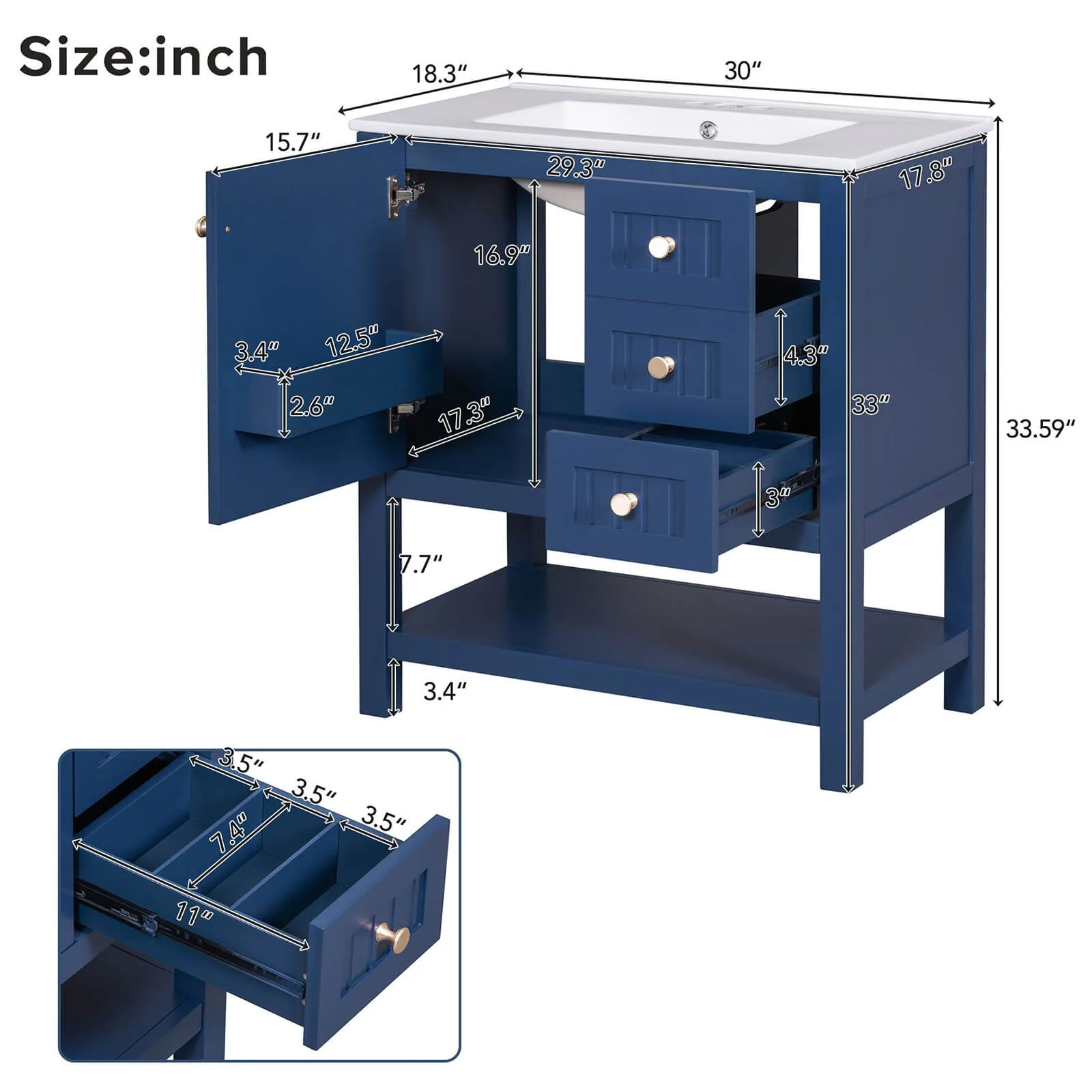 30" Navy Blue Freestanding Bathroom Vanity with Open Shelves - Image 8