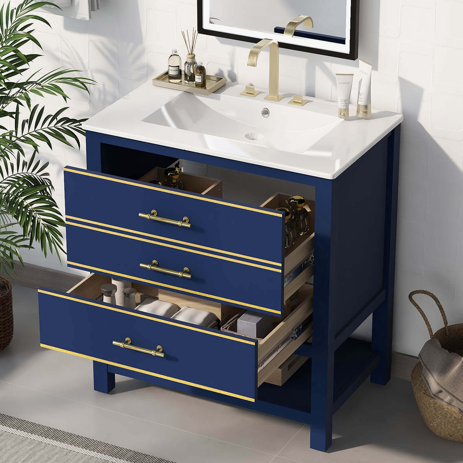 30'' Navy Blue Modern Freestanding Bathroom Vanity - Image 3