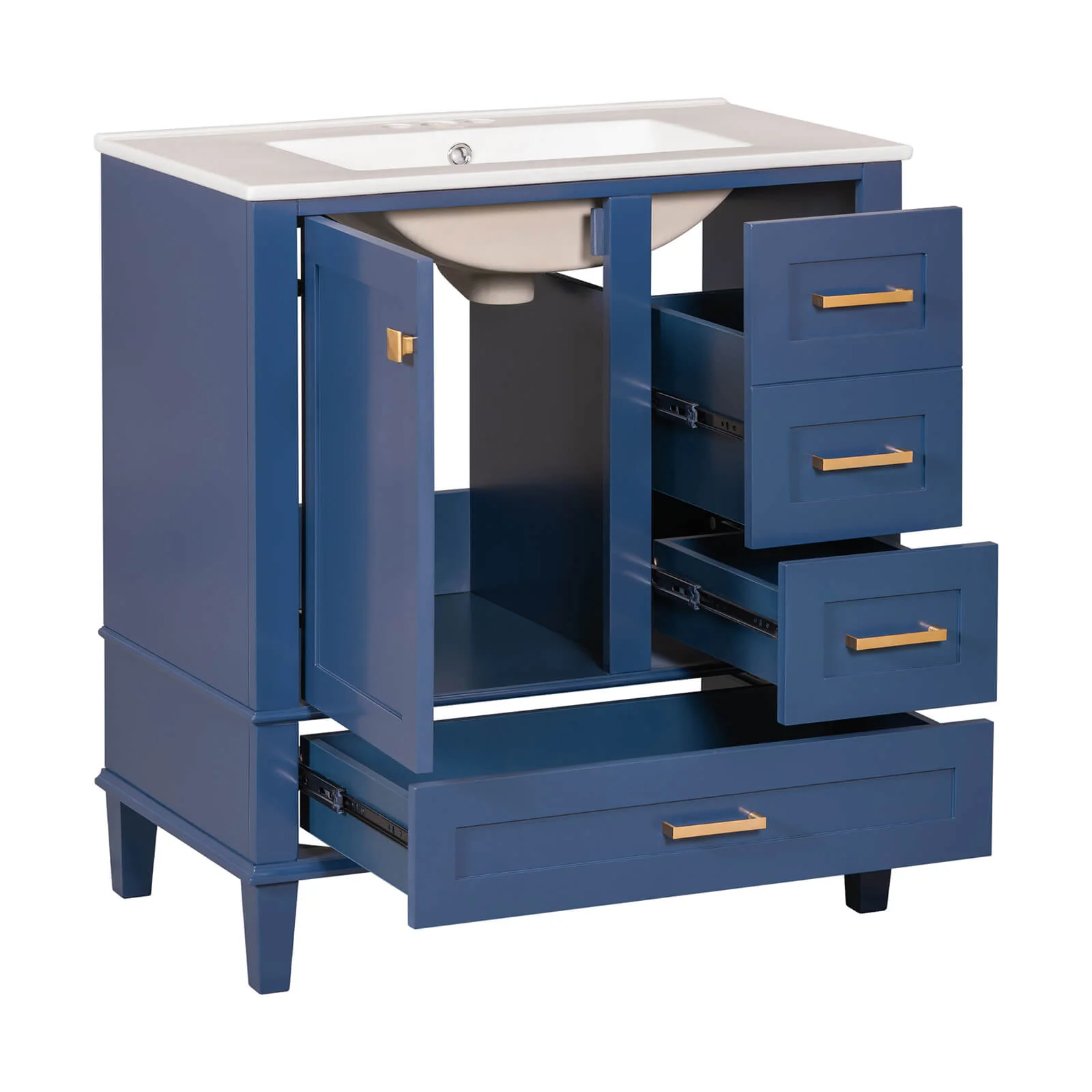 30" Navy Blue Solid Wood Bathroom Vanity with Top, Gold Hardware - Image 13