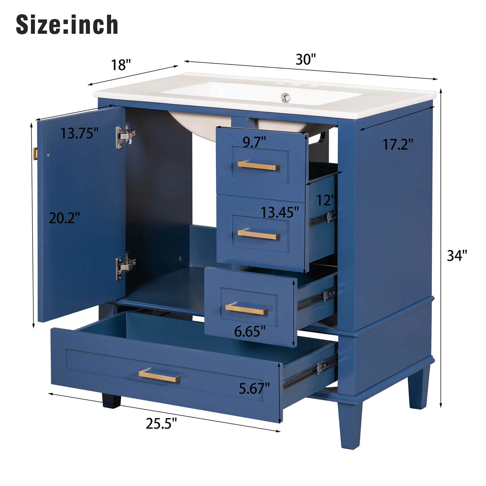 30" Navy Blue Solid Wood Bathroom Vanity with Top, Gold Hardware - Image 8