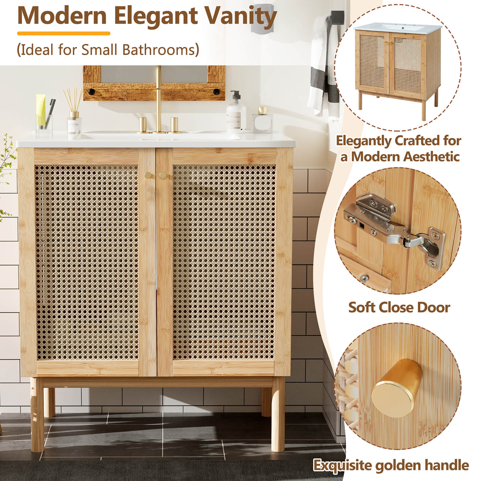 30" Rattan Bathroom Vanity with Basin on Top - Image 4