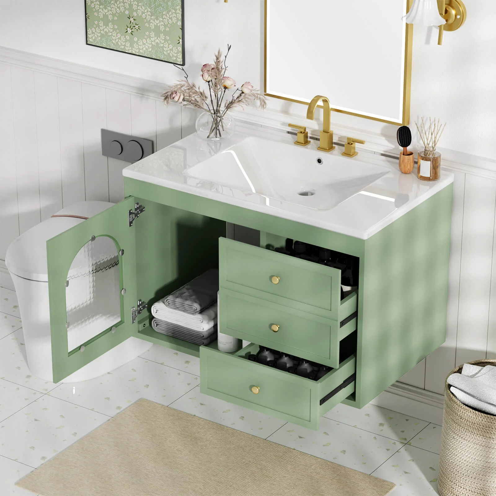 30'' Sage Green Wall-Mounted MDF Bathroom Vanity - Image 2