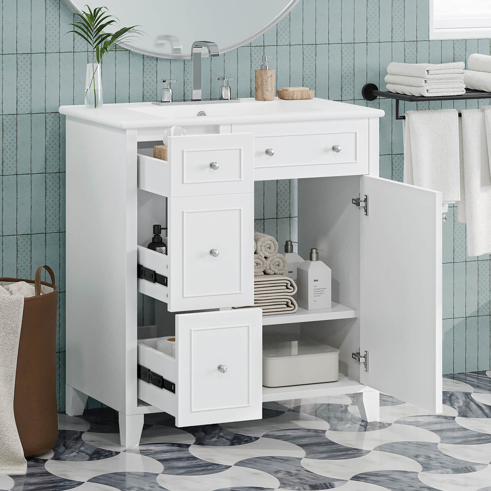 30" White Bathroom Vanity with 2 Left-Side Drawers - Image 2