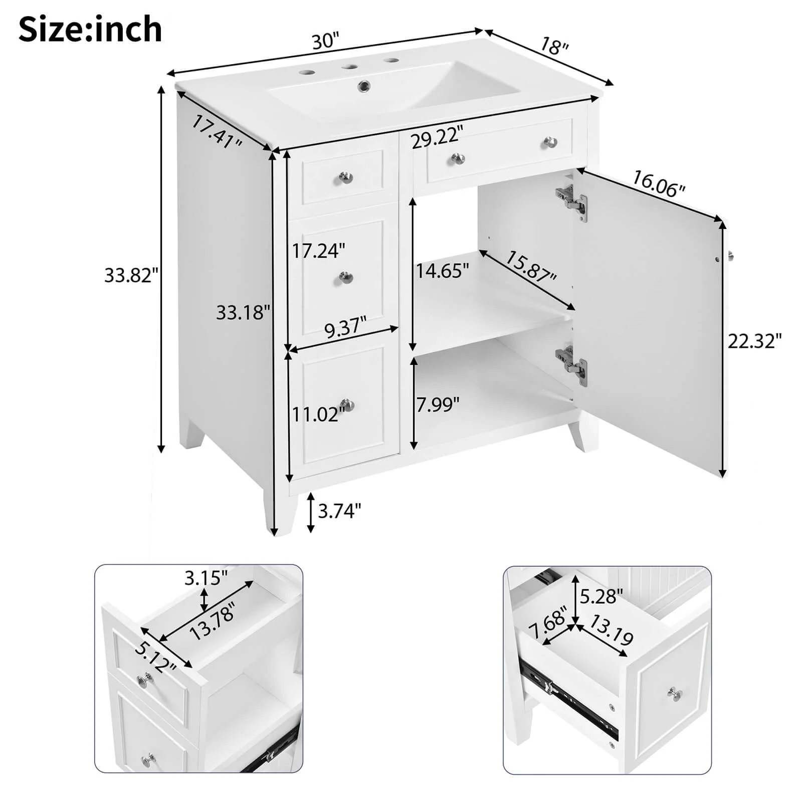 30" White Bathroom Vanity with 2 Left-Side Drawers - Image 8