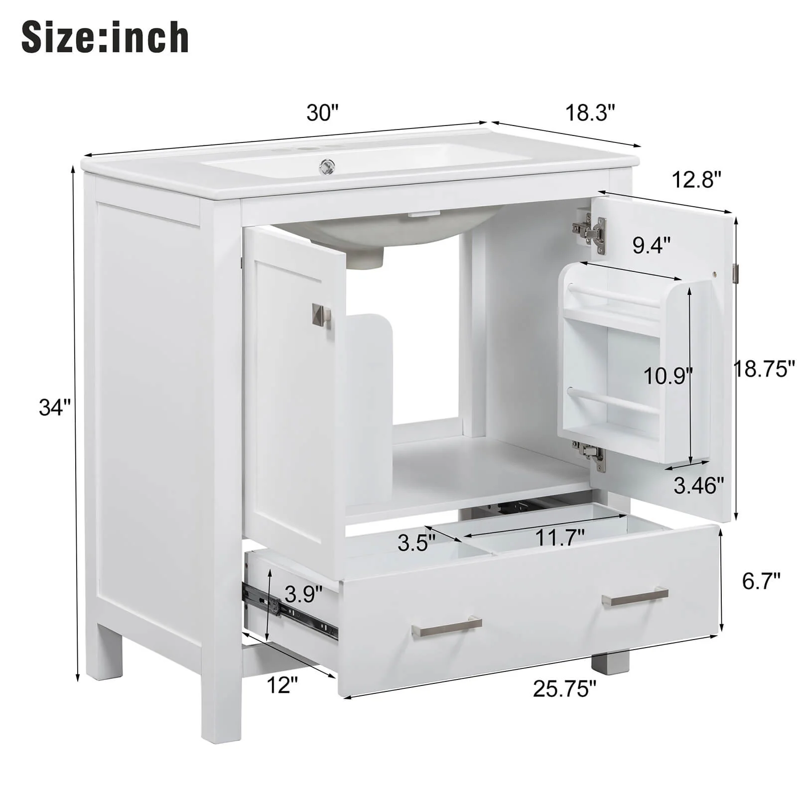 30'' White Bathroom Vanity with Built-In Shelf - Image 18