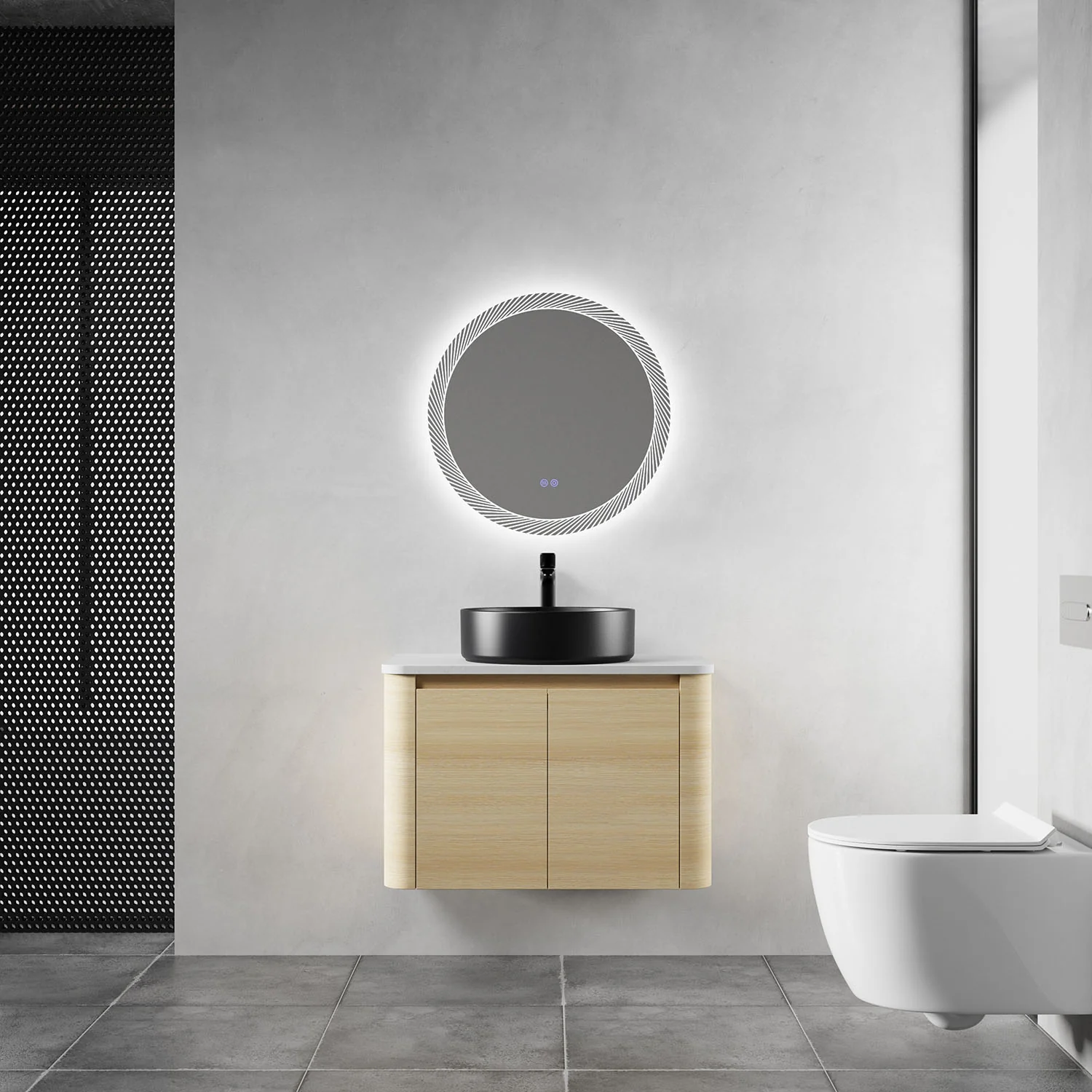 30" White Oak Bathroom Vanity with Black Ceramic Vessel Sink