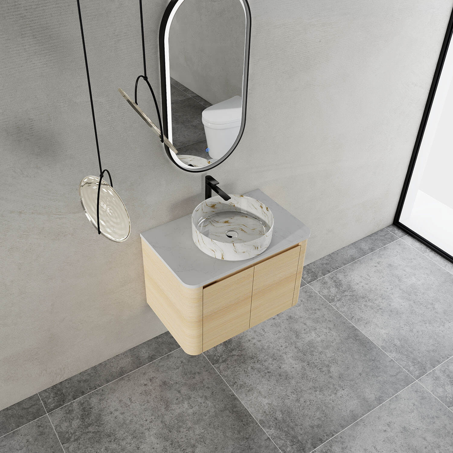 30" White Oak Bathroom Vanity with Golden Stone Pattern Ceramic Vessel Sink - Image 3
