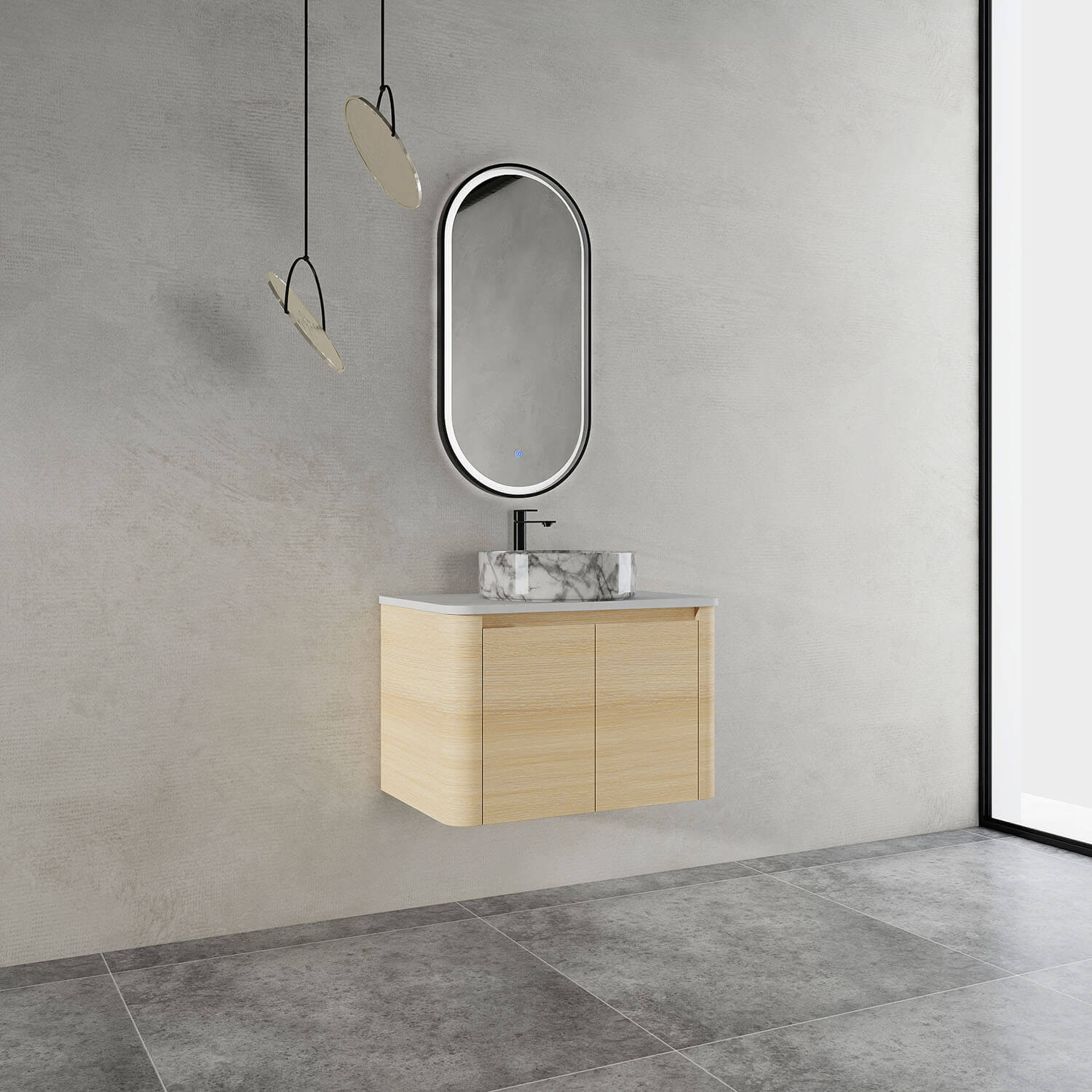 30" White Oak Bathroom Vanity with Marble Pattern Ceramic Vessel Sink - Image 2