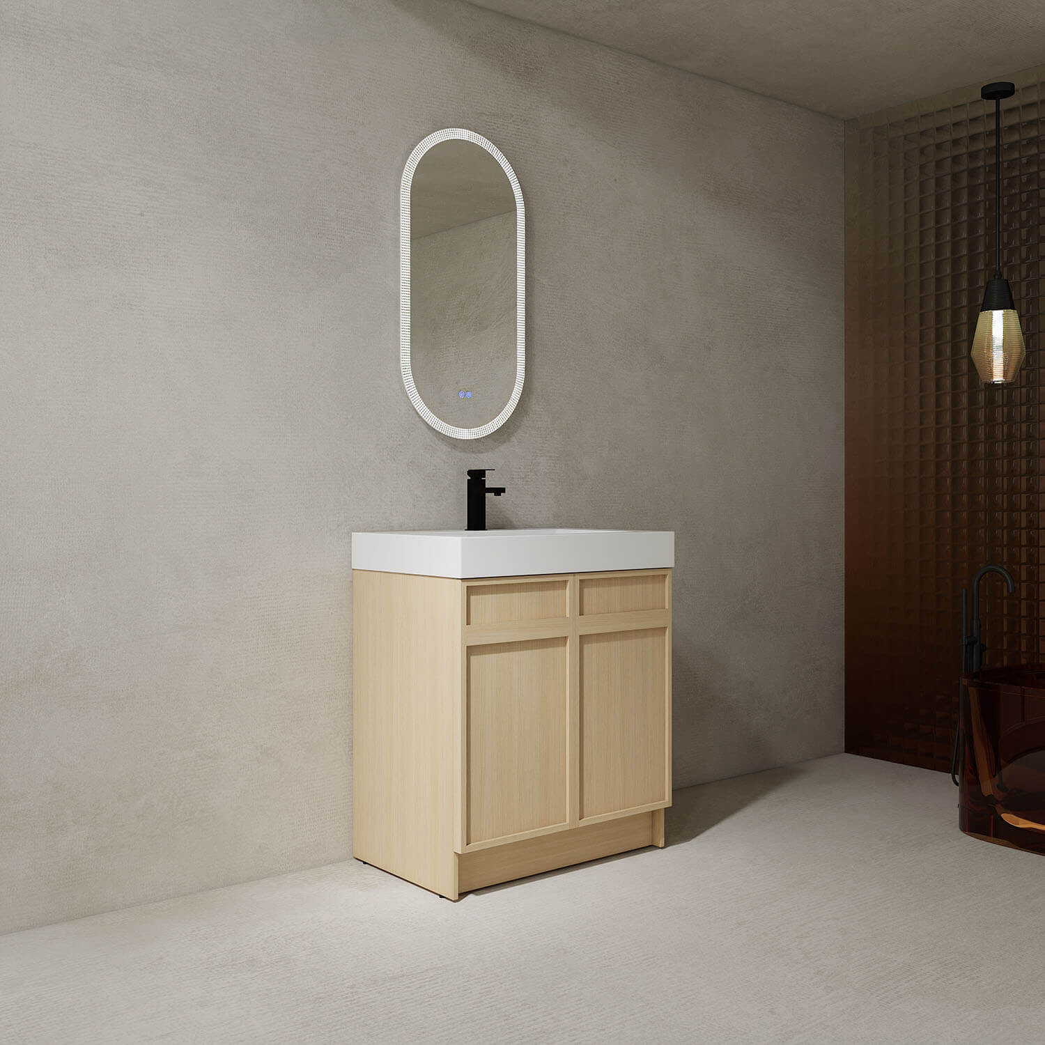30" White Oak Bathroom Vanity with Resin Sink and Soft Close Cabinet Doors - Image 2