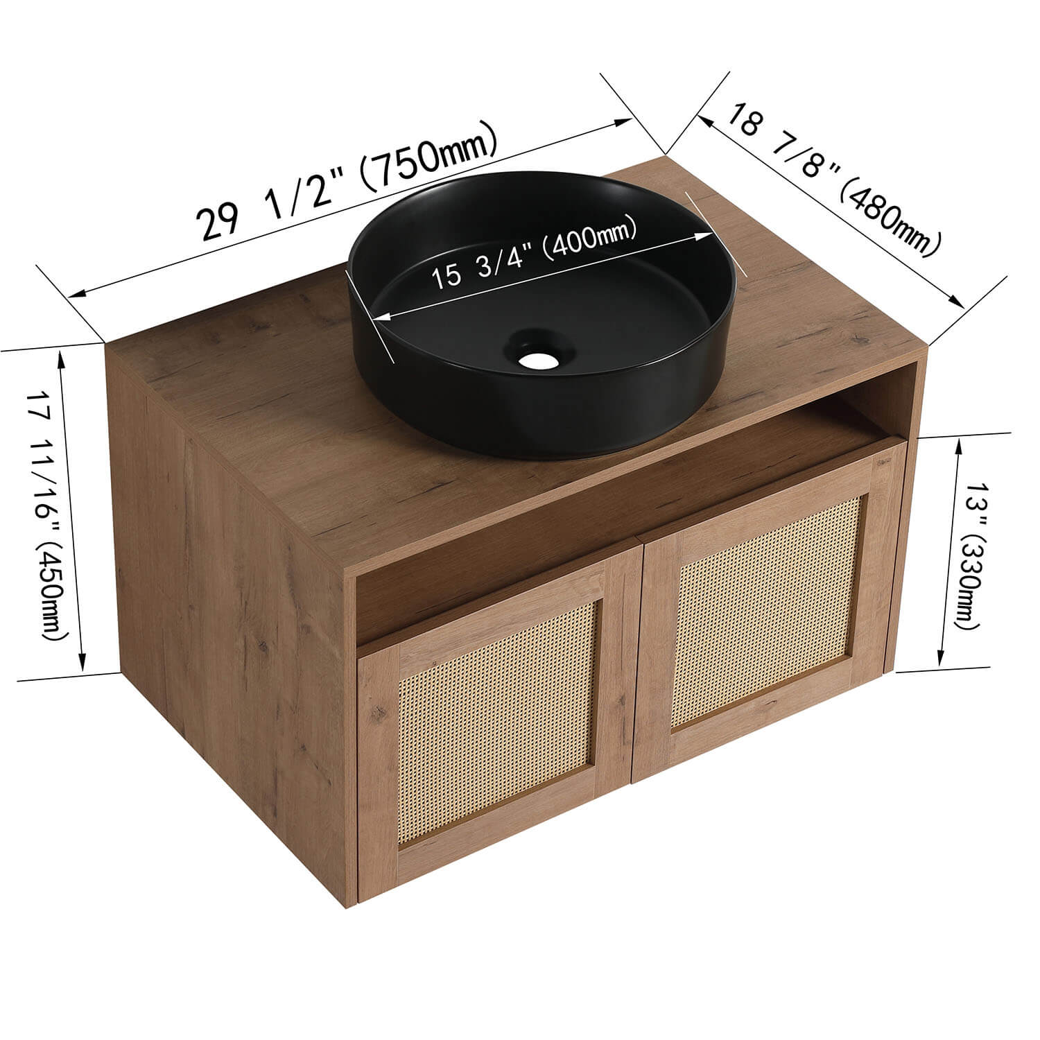 30" White Oak Floating Vanity with Black Ceramic Sink - Image 4