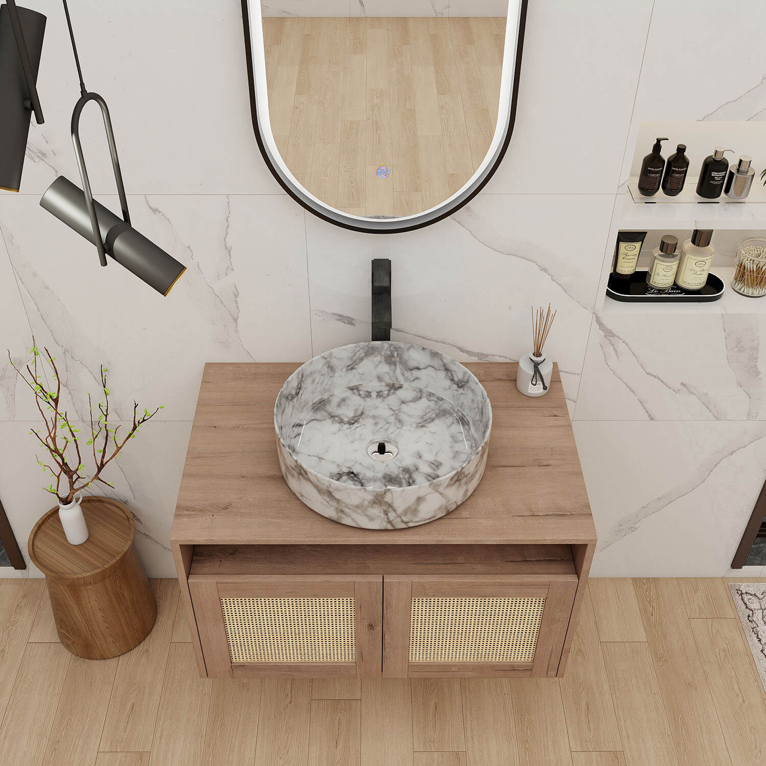 30" White Oak Floating Vanity with Marble-Veined Ceramic Sink - Image 3