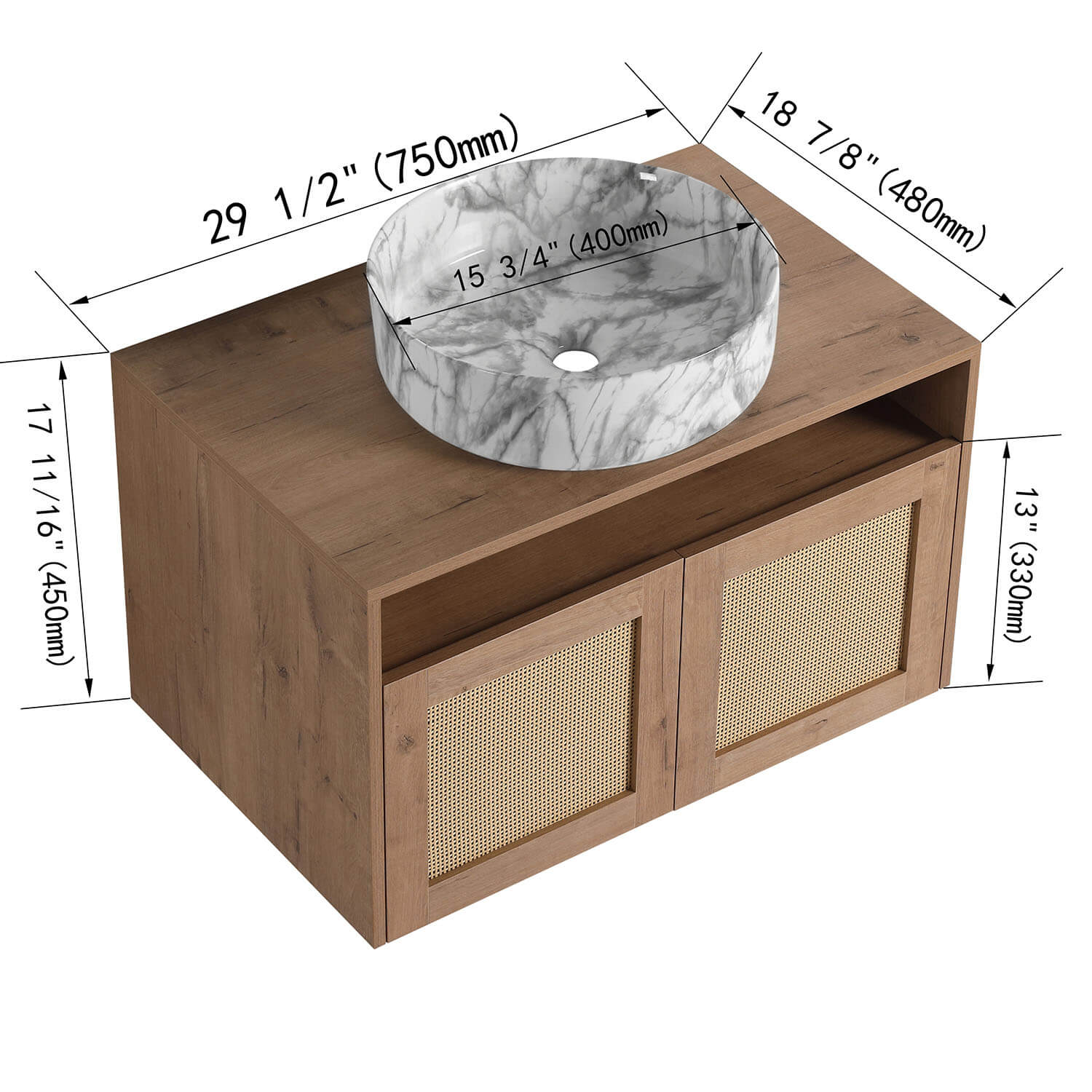 30" White Oak Floating Vanity with Marble-Veined Ceramic Sink - Image 4