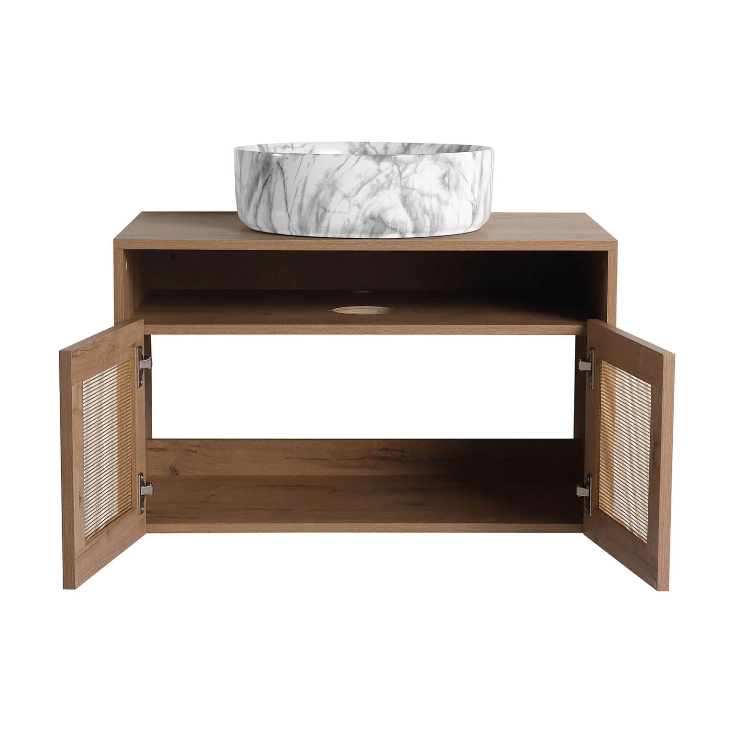 30" White Oak Floating Vanity with Marble-Veined Ceramic Sink - Image 6