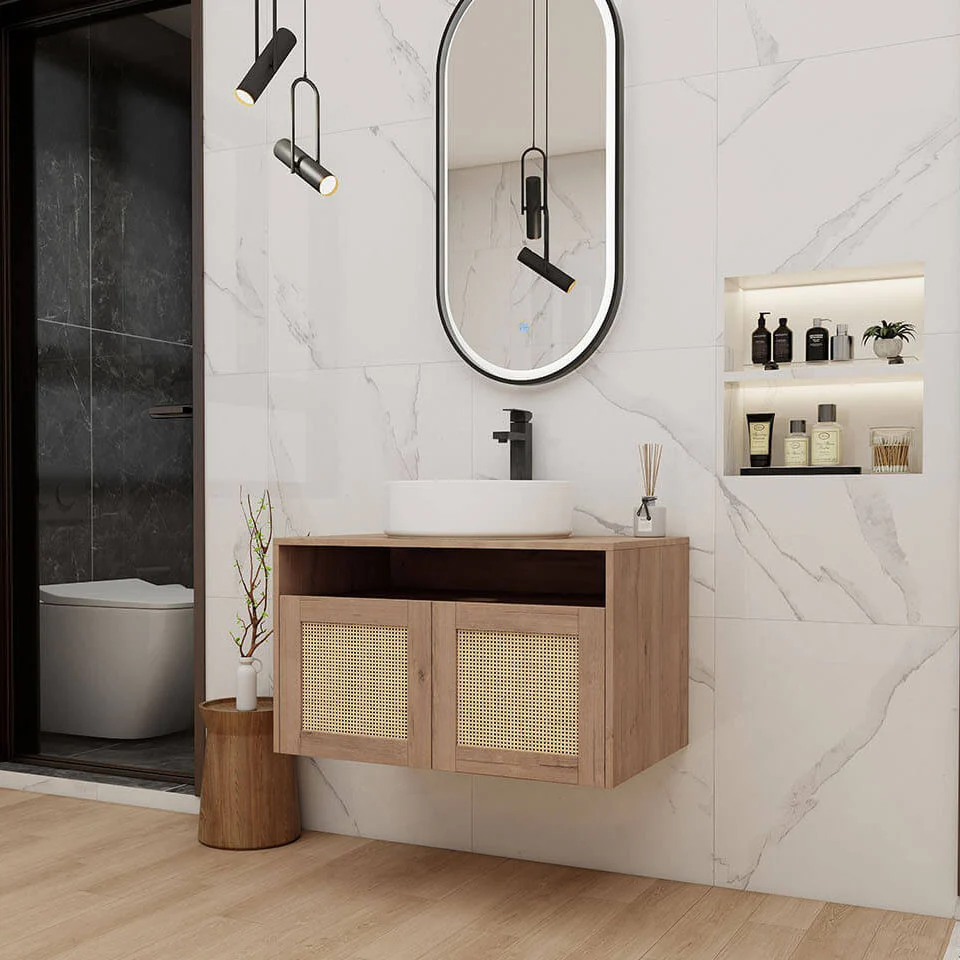 30" White Oak Floating Vanity with White Ceramic Sink - Image 2