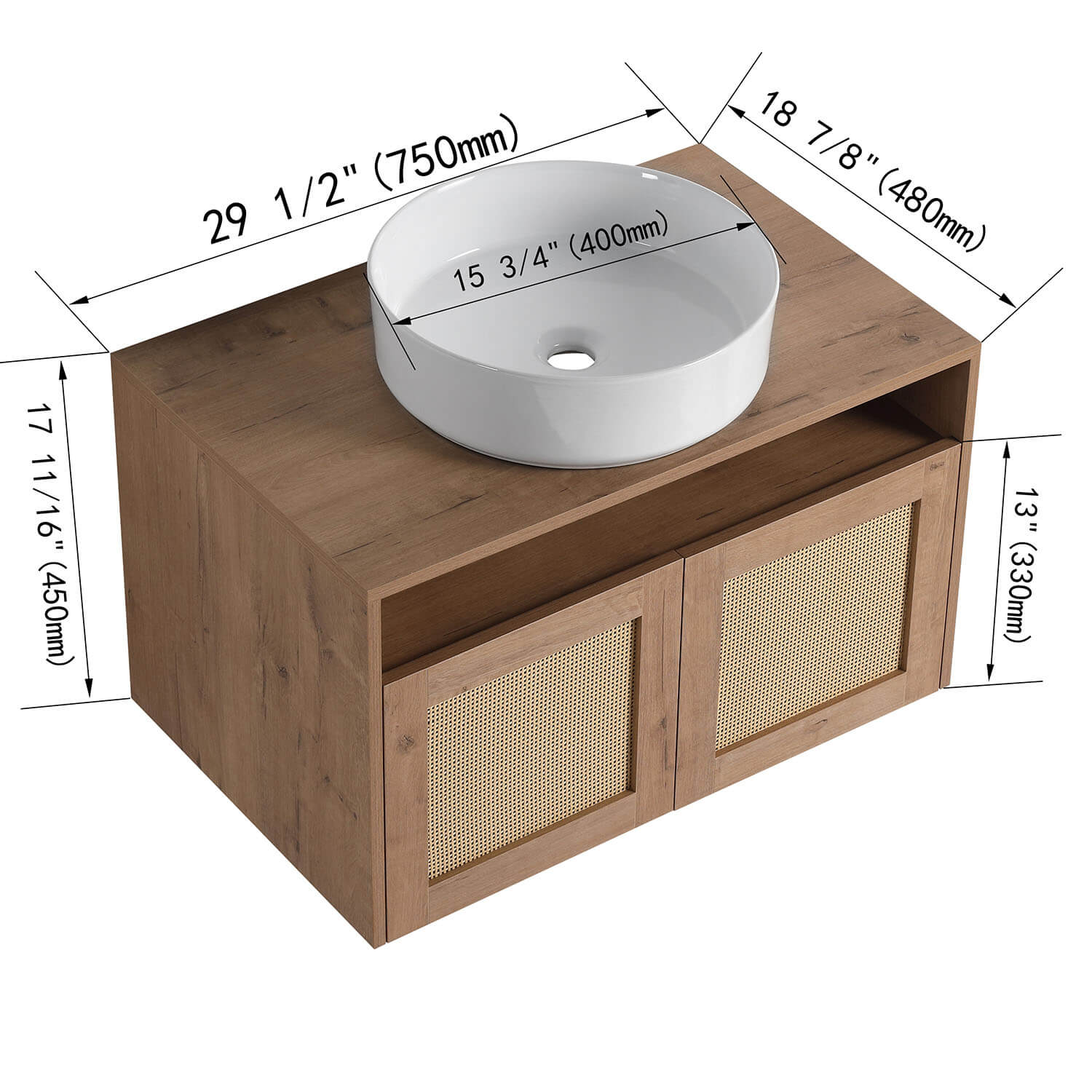 30" White Oak Floating Vanity with White Ceramic Sink - Image 4
