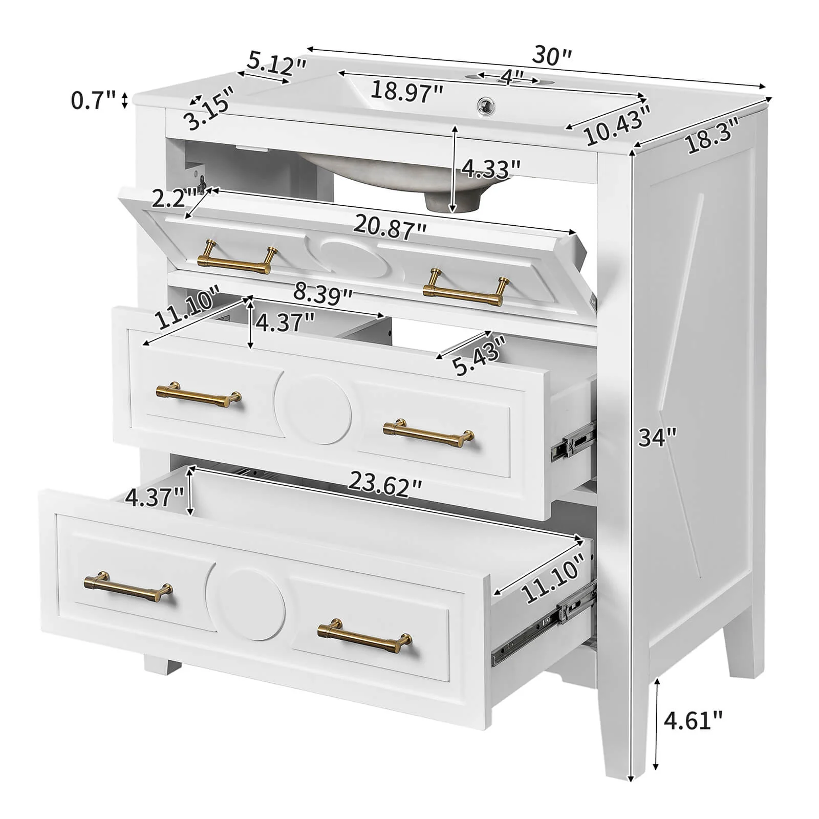 30" White Vintage Bathroom Vanity with 3 Pre-Drilled Holes - Image 13