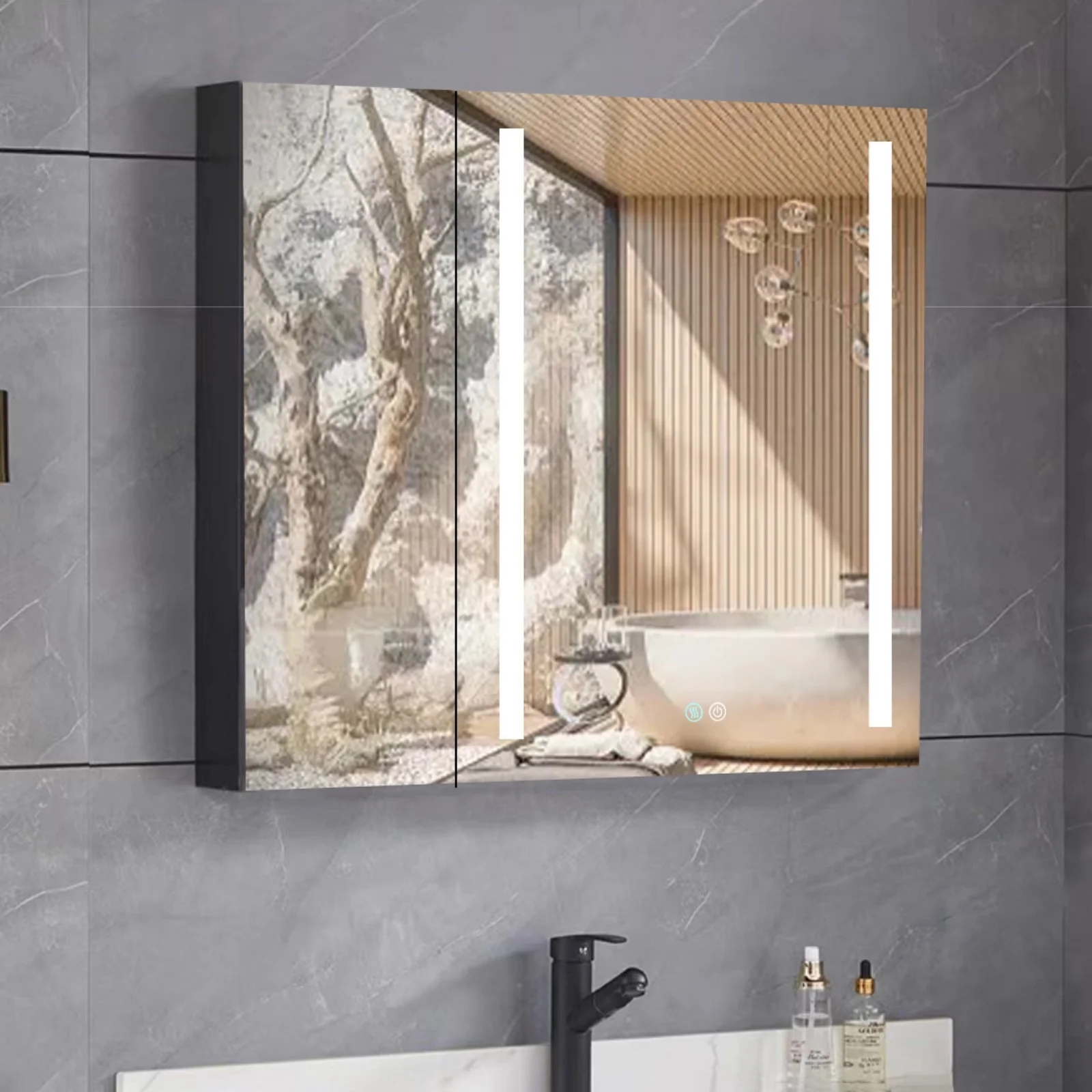 30 x 30 Inches LED Double Door Medicine Cabinet with Defogging Mirror and Dimmer in Black - Image 2