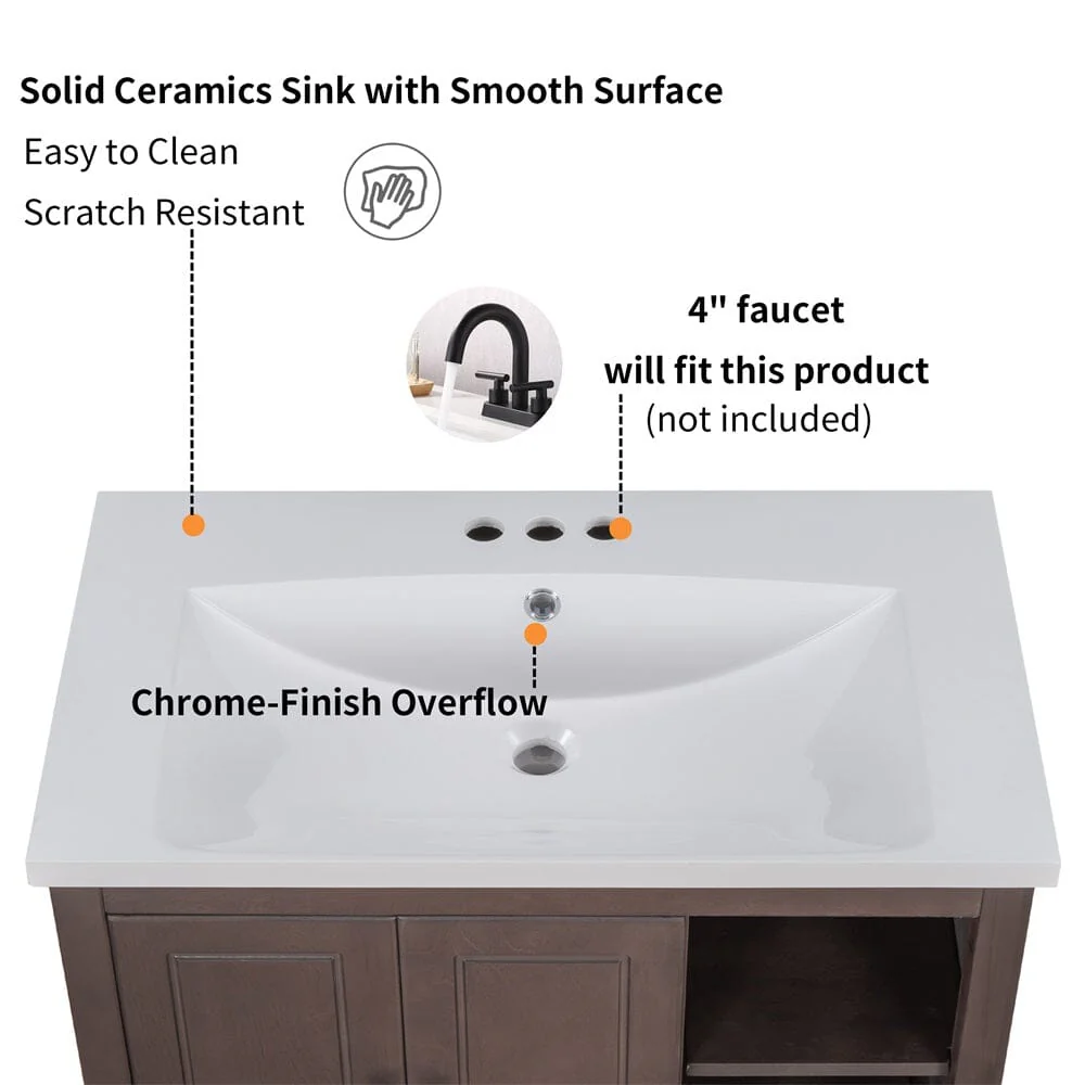 Giving Tree 30" Single Bathroom Vanity Top with White Basin, 3-Faucet Holes, Ceramic, White - Image 3
