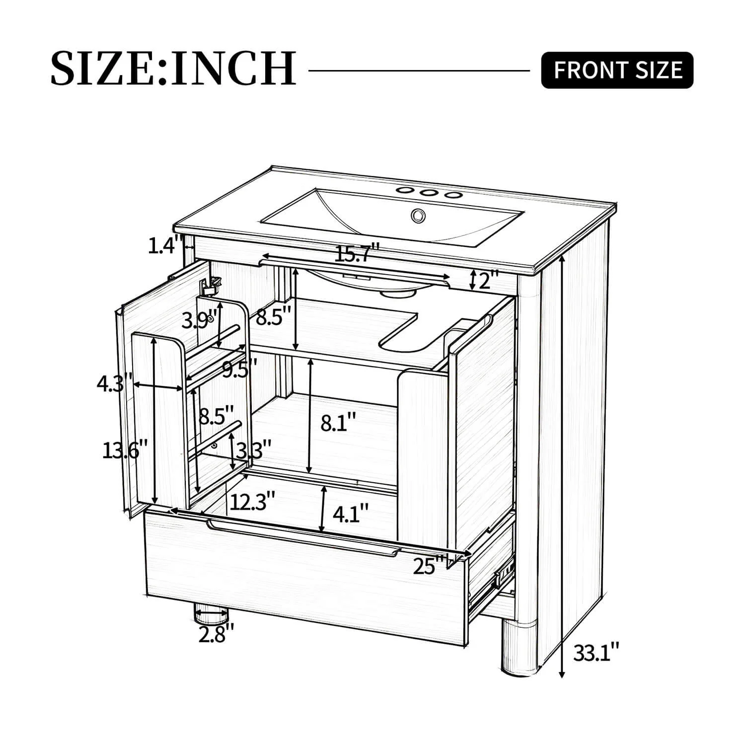 30" White Oak Freestanding Storage Bathroom Vanity with Ceramic Sink - Image 11