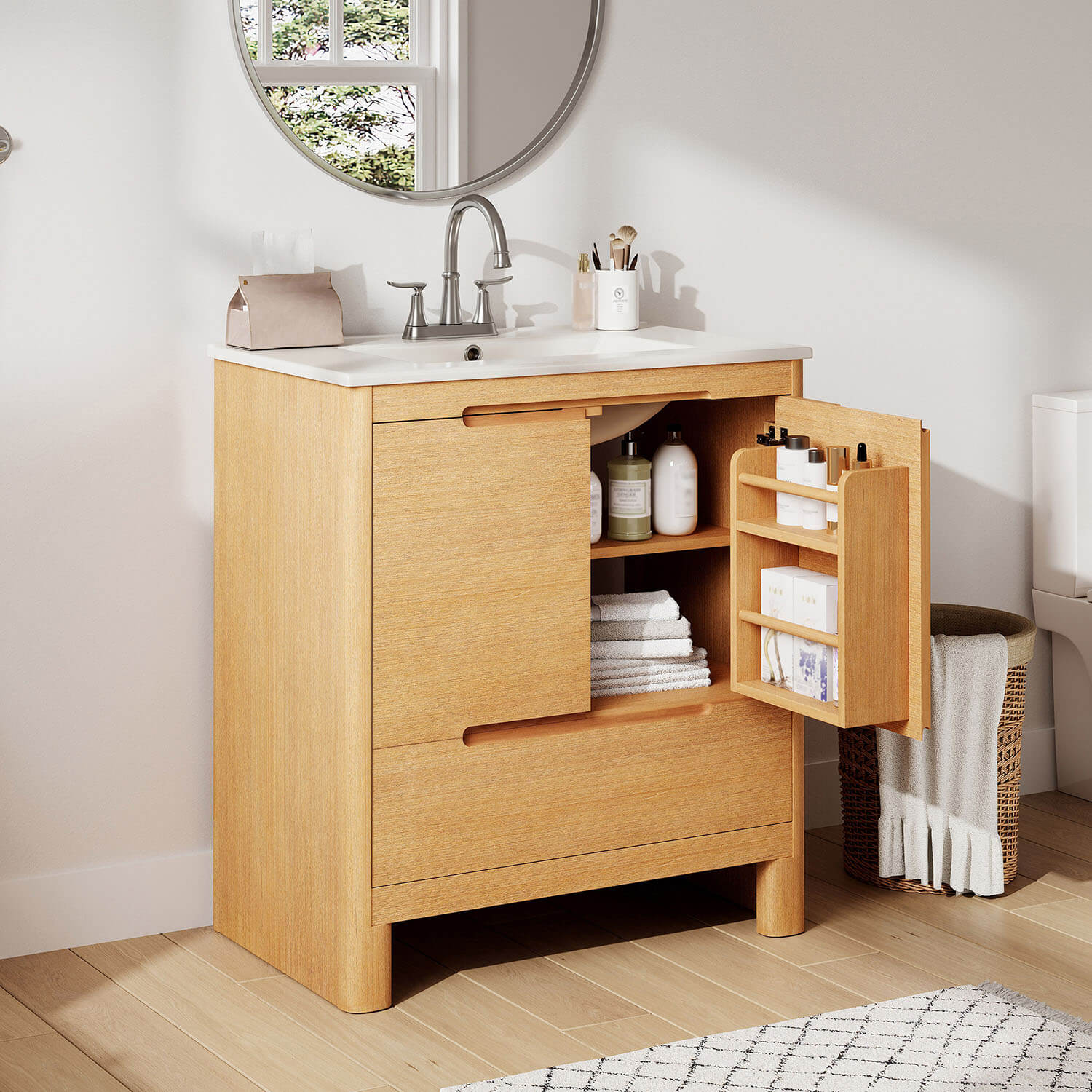 30" White Oak Freestanding Storage Bathroom Vanity with Ceramic Sink - Image 2