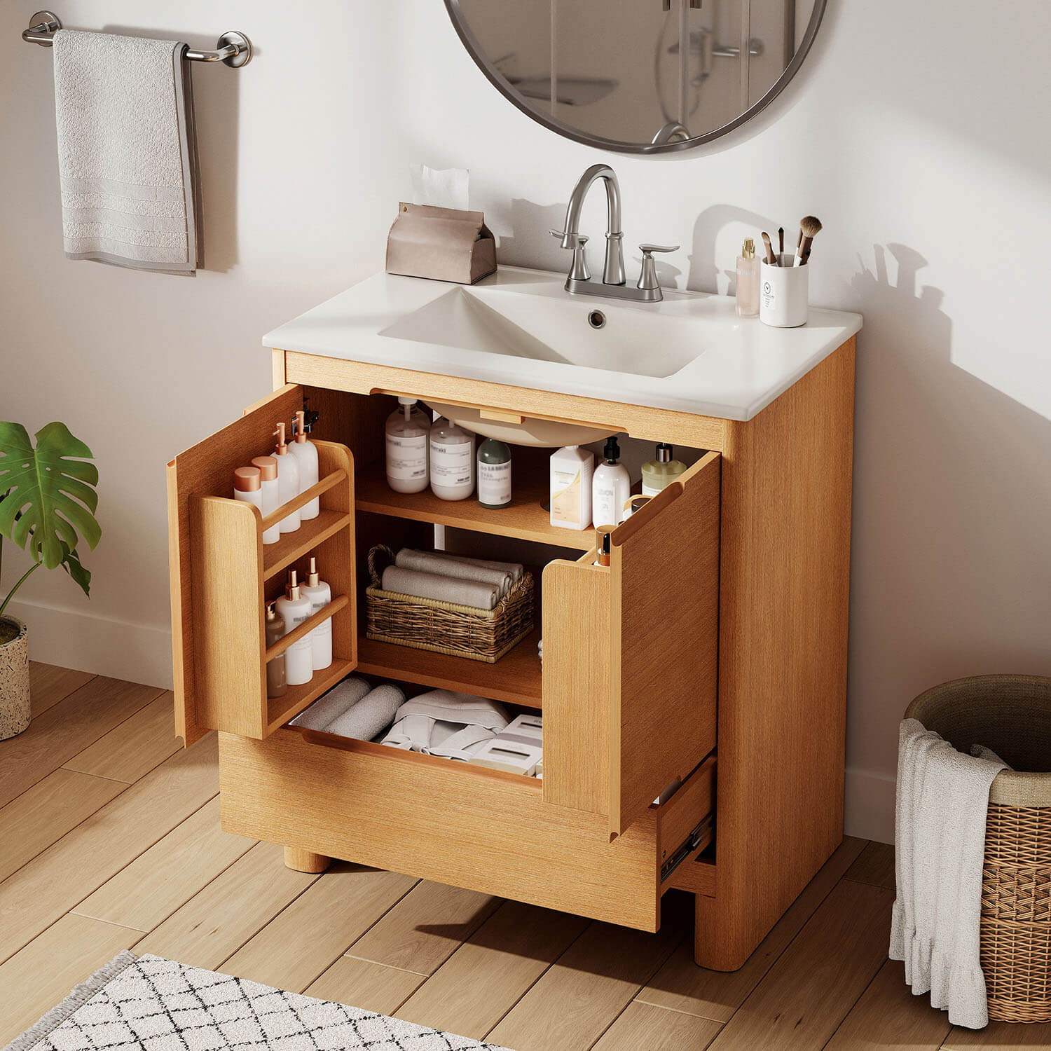 30" White Oak Freestanding Storage Bathroom Vanity with Ceramic Sink - Image 3