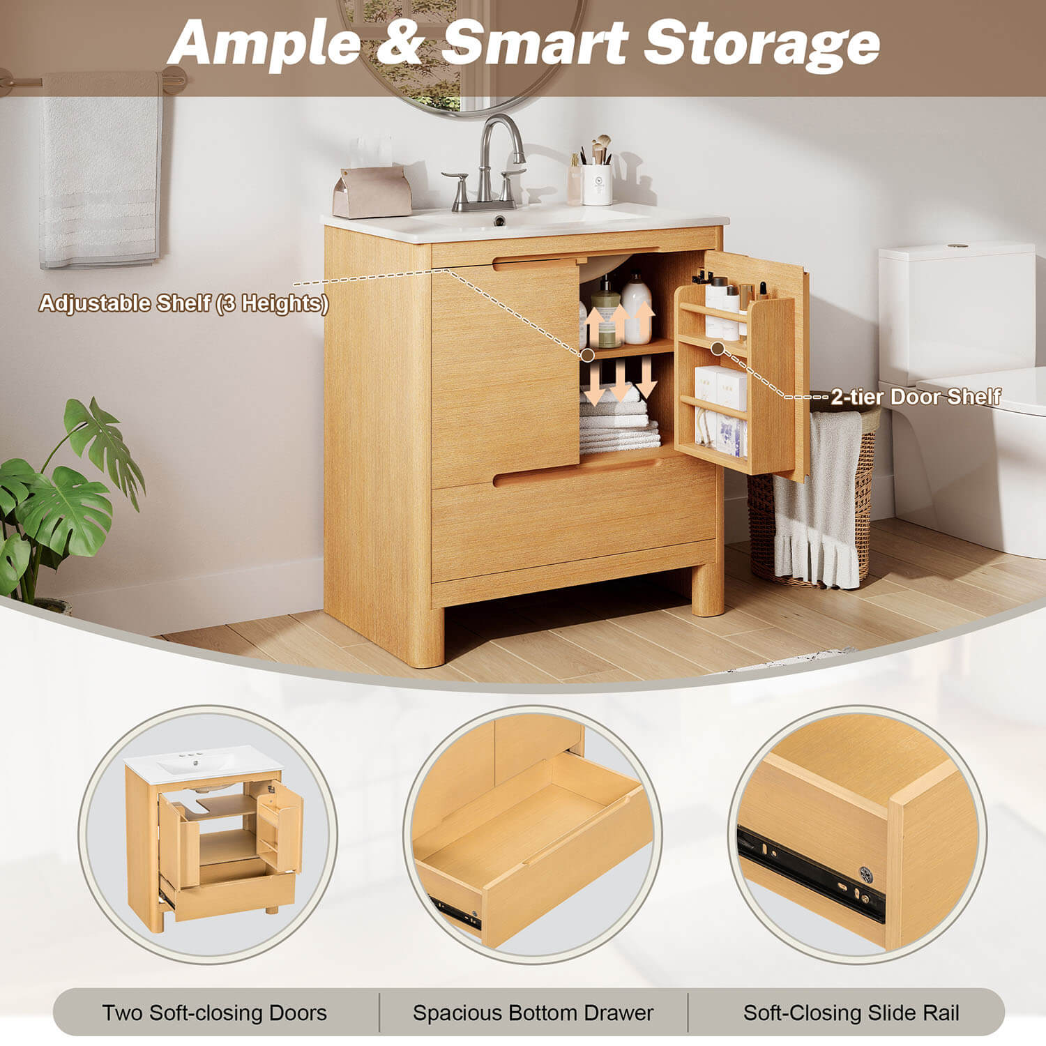 30" White Oak Freestanding Storage Bathroom Vanity with Ceramic Sink - Image 4