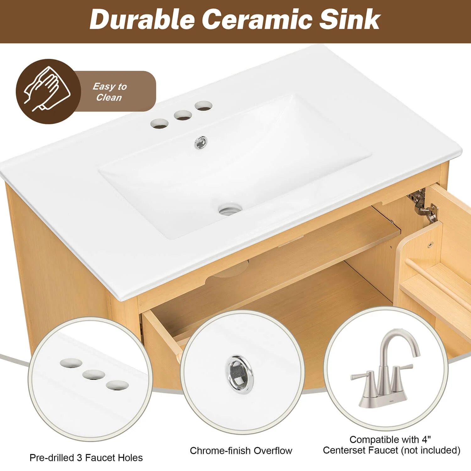 30" White Oak Freestanding Storage Bathroom Vanity with Ceramic Sink - Image 5