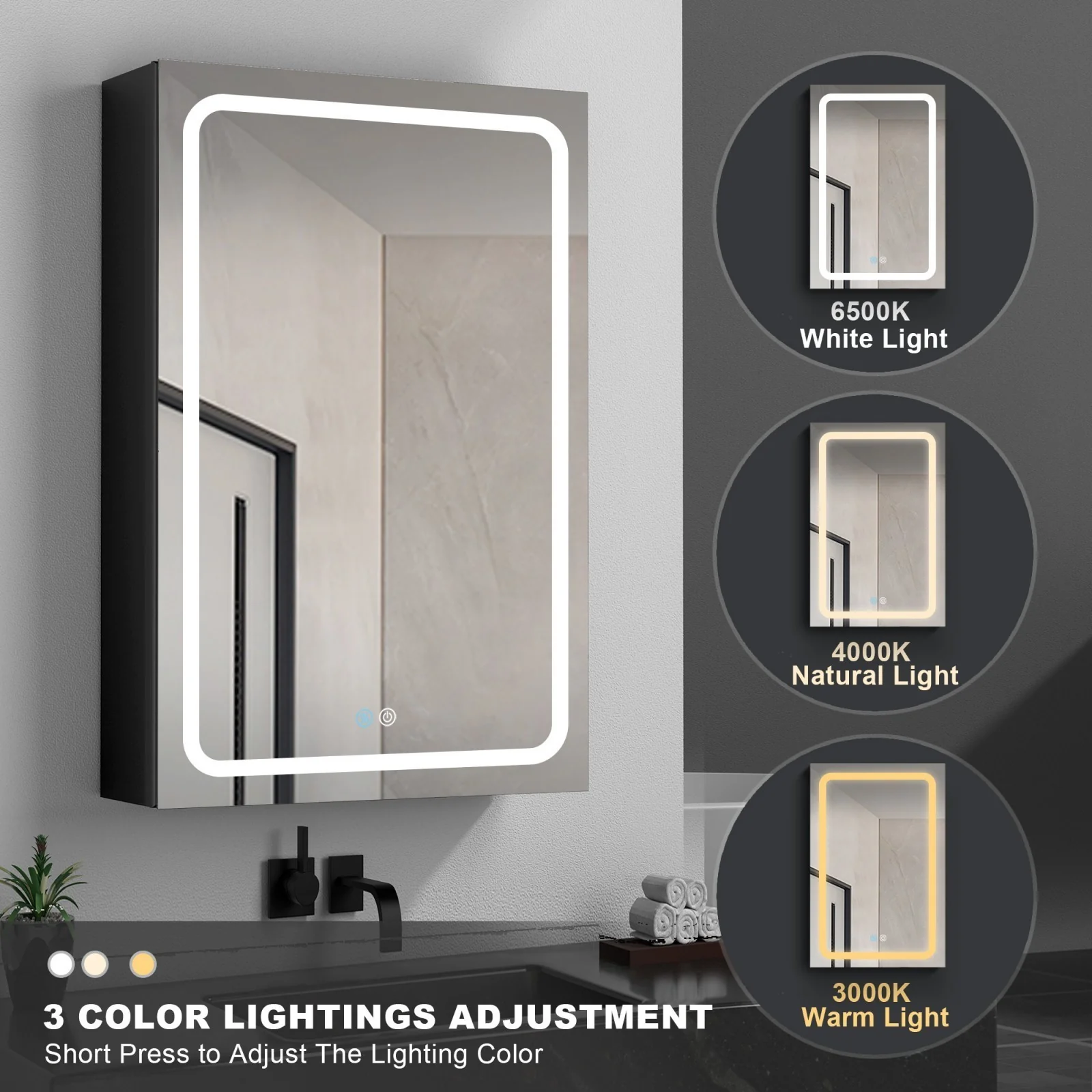 30 x 20 Inch LED Lighted Bathroom Medicine Cabinet with Surface Mount Mirror - Image 3