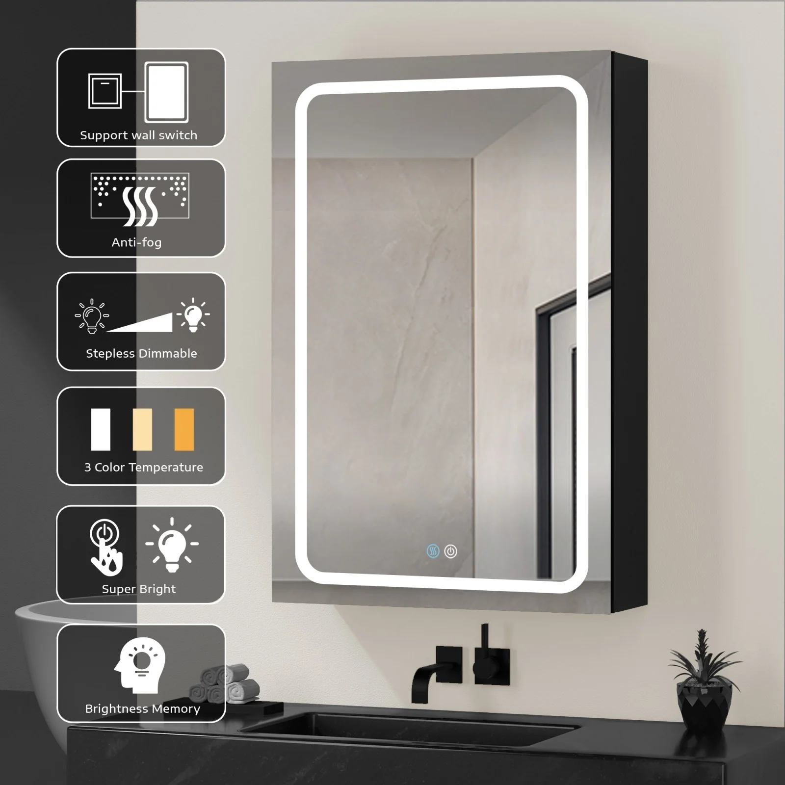 30 x 20 Inch LED Lighted Bathroom Medicine Cabinet with Surface Mount Mirror - Image 4