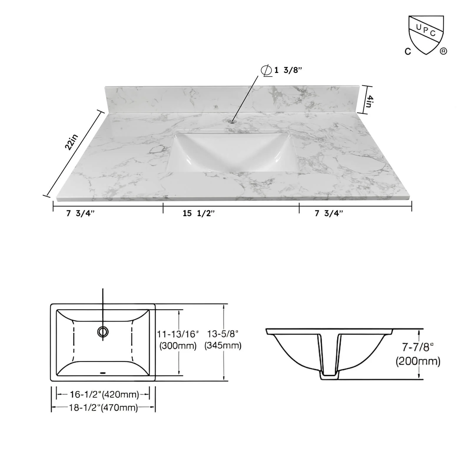 31" x 22" Undermount Ceramic Sink with Integrated Marble Top - Image 7