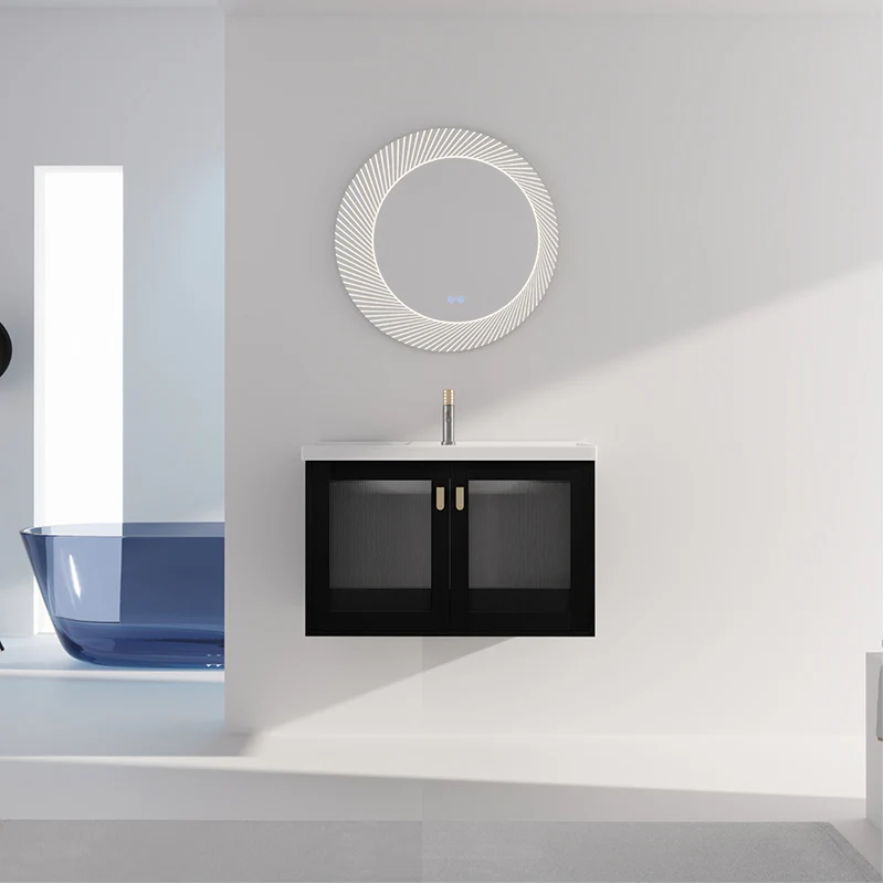 32'' Black Single Sink Bathroom Vanity, Ceramic + Plywood, Wall-Mounted