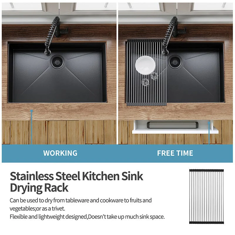 30" x 21" Undermount Kitchen Sink 16 Gauge Stainless Steel Single Bowl with Bottom Grid, Roll-up Rack, Drainer - Image 4