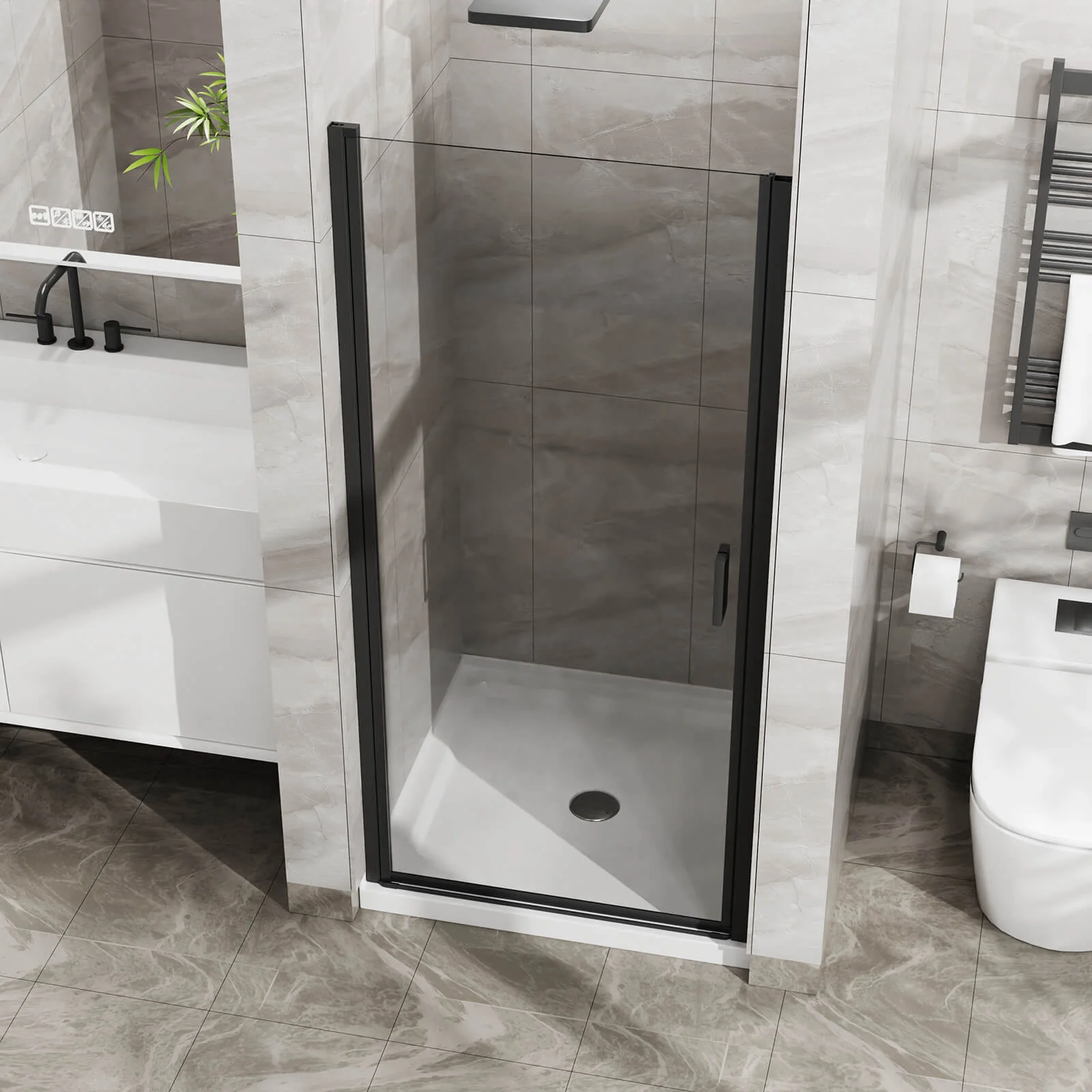 34"-35.2" x 72" Black Pivot Shower Door Kit with Tempered Glass and Acrylic Shower Pan - Image 3